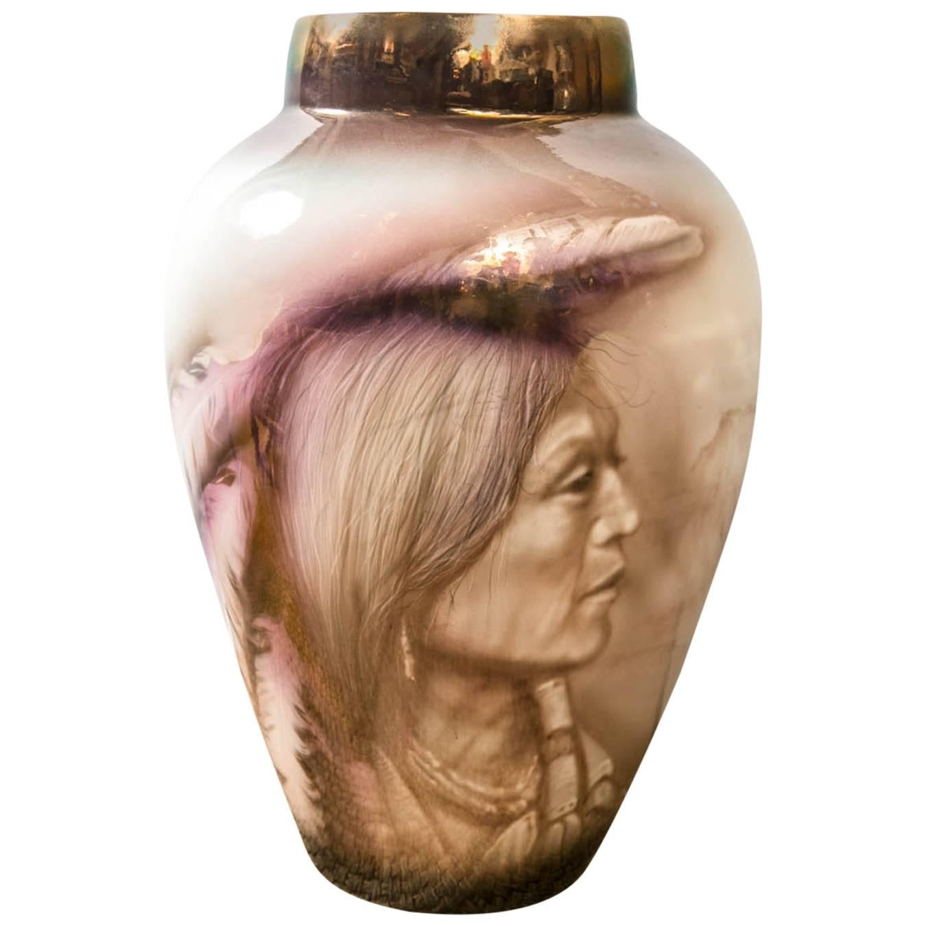 Hand-Painted Large Vase with Native Americans For Sale