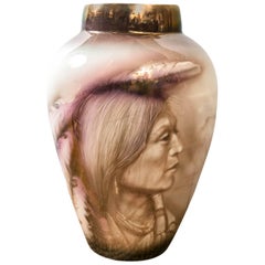 Hand-Painted Large Vase with Native Americans
