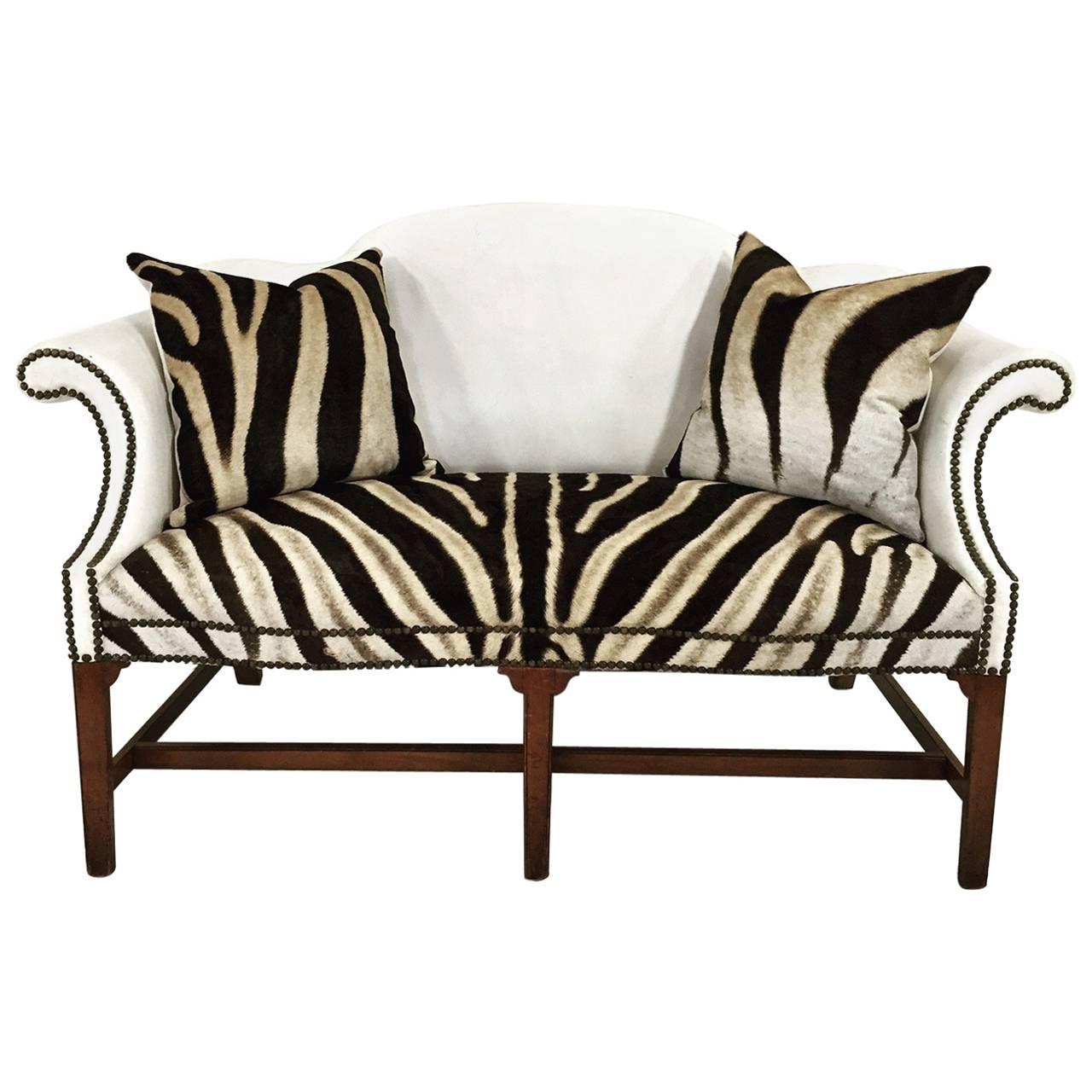 Vintage White Leather and Zebra Hide Loveseat with Two Zebra Hide