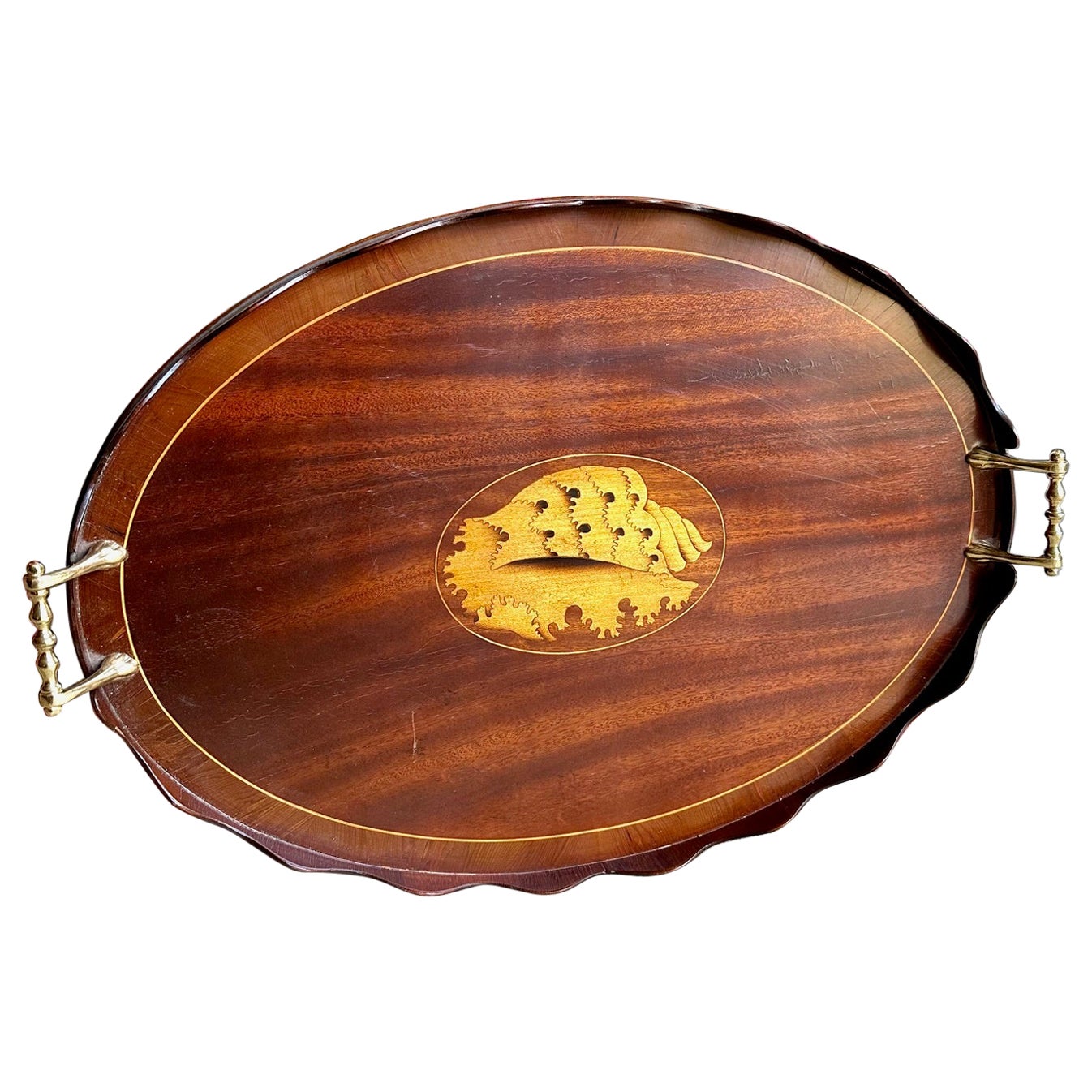 19th Century European Inlaid Tray with Serpentine Edge and Brass Handles For Sale