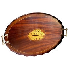 19th Century European Inlaid Tray with Serpentine Edge and Brass Handles