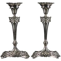 19th Century Pair of Portuguese Pierced Silver Candlesticks