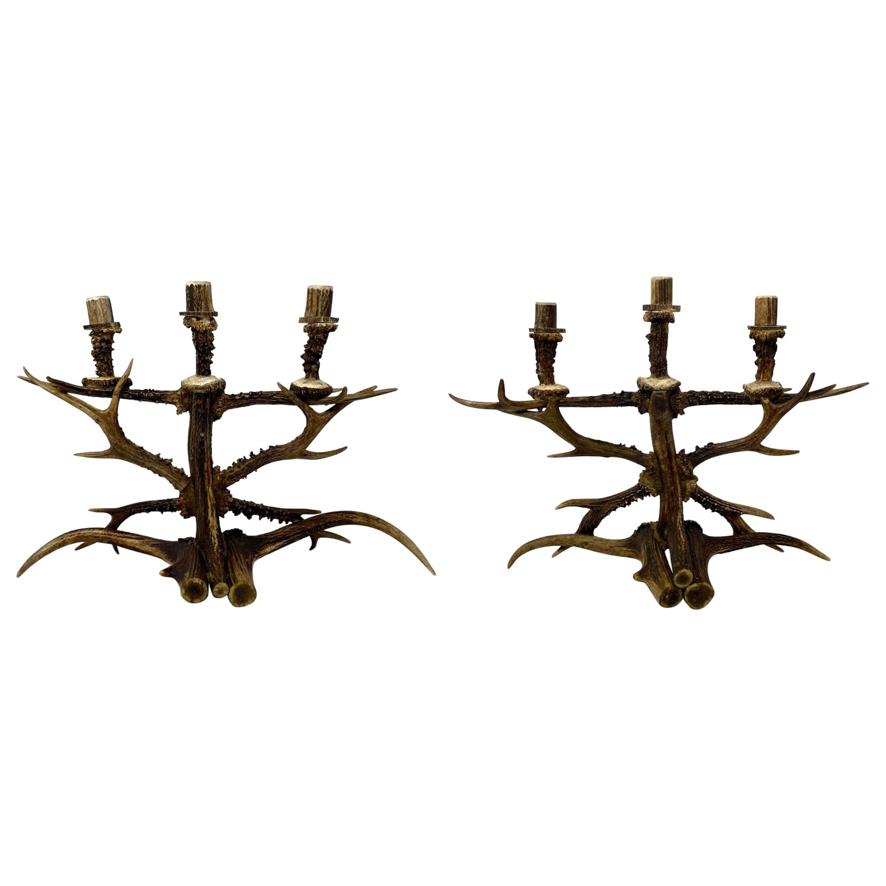 Pair of Hand-Made 3 Cup Antler Candelabra. For Sale