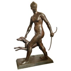 Used French Alfred Boucher (1850-1934) Bronze Sculpture, "Diana the Huntress"