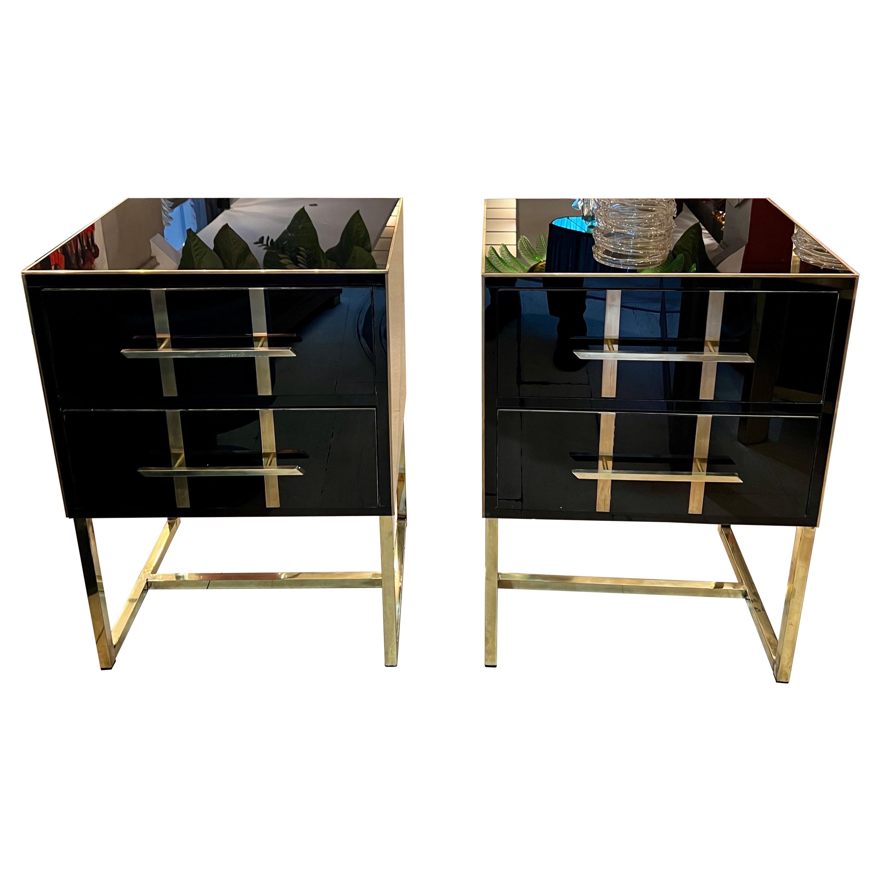 Vintage Black Opaline Glass Nightstands, Brass Handles and Inlays, 1980 For Sale