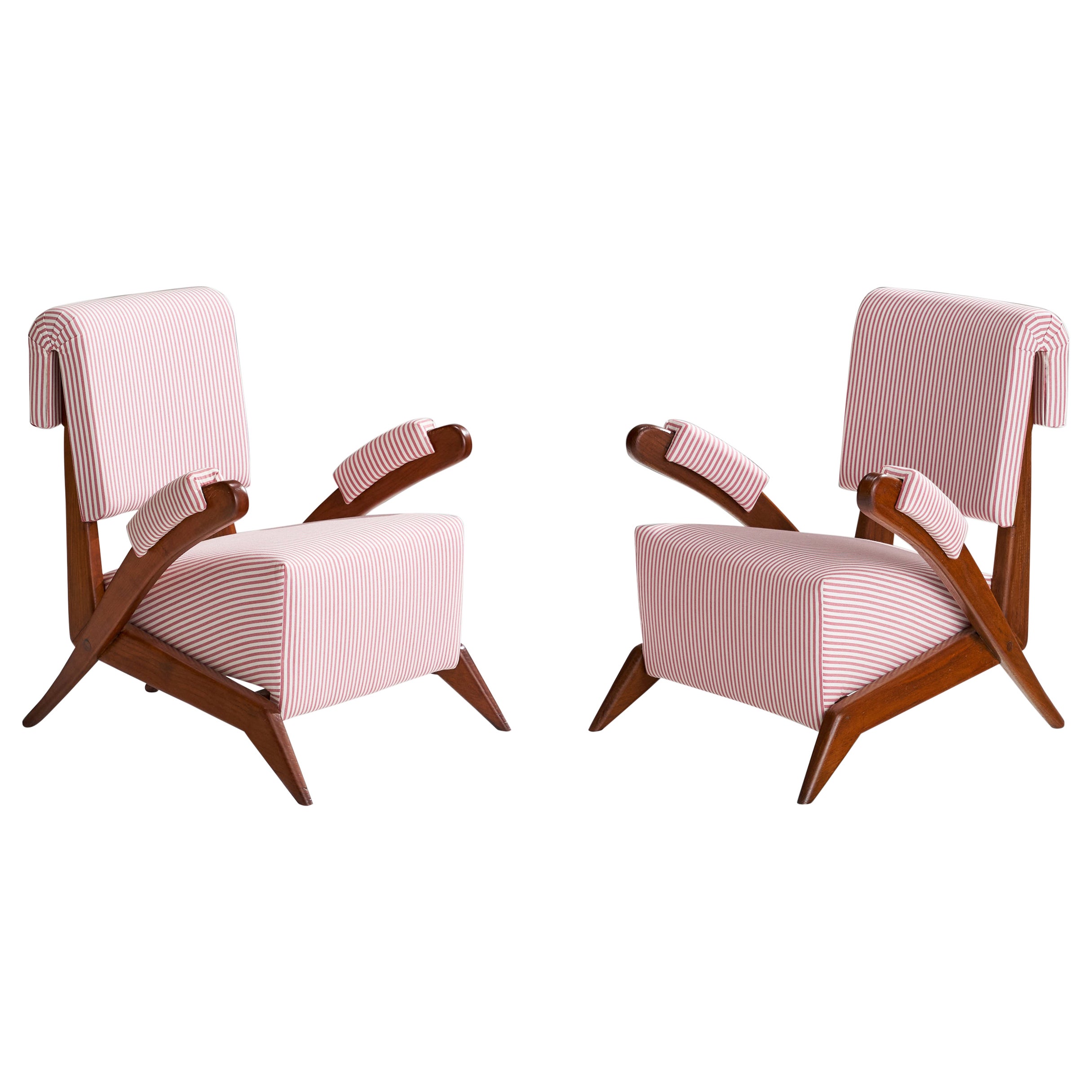 Tino De Silva, Rare Lounge Chairs, Cherrywood, Fabric, Italy, 1962