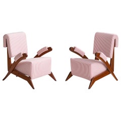 Tino De Silva, Rare Lounge Chairs, Cherrywood, Fabric, Italy, 1962