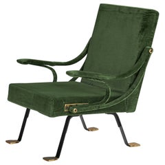 Vintage Ignazio Gardella, Lounge Chair, Brass, Metal, Velvet, Italy, 1957