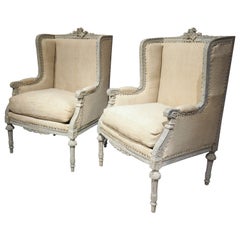 Pair of Painted 19th C. French Louis XVI Style Armchairs, "Bergères à Oreilles" 