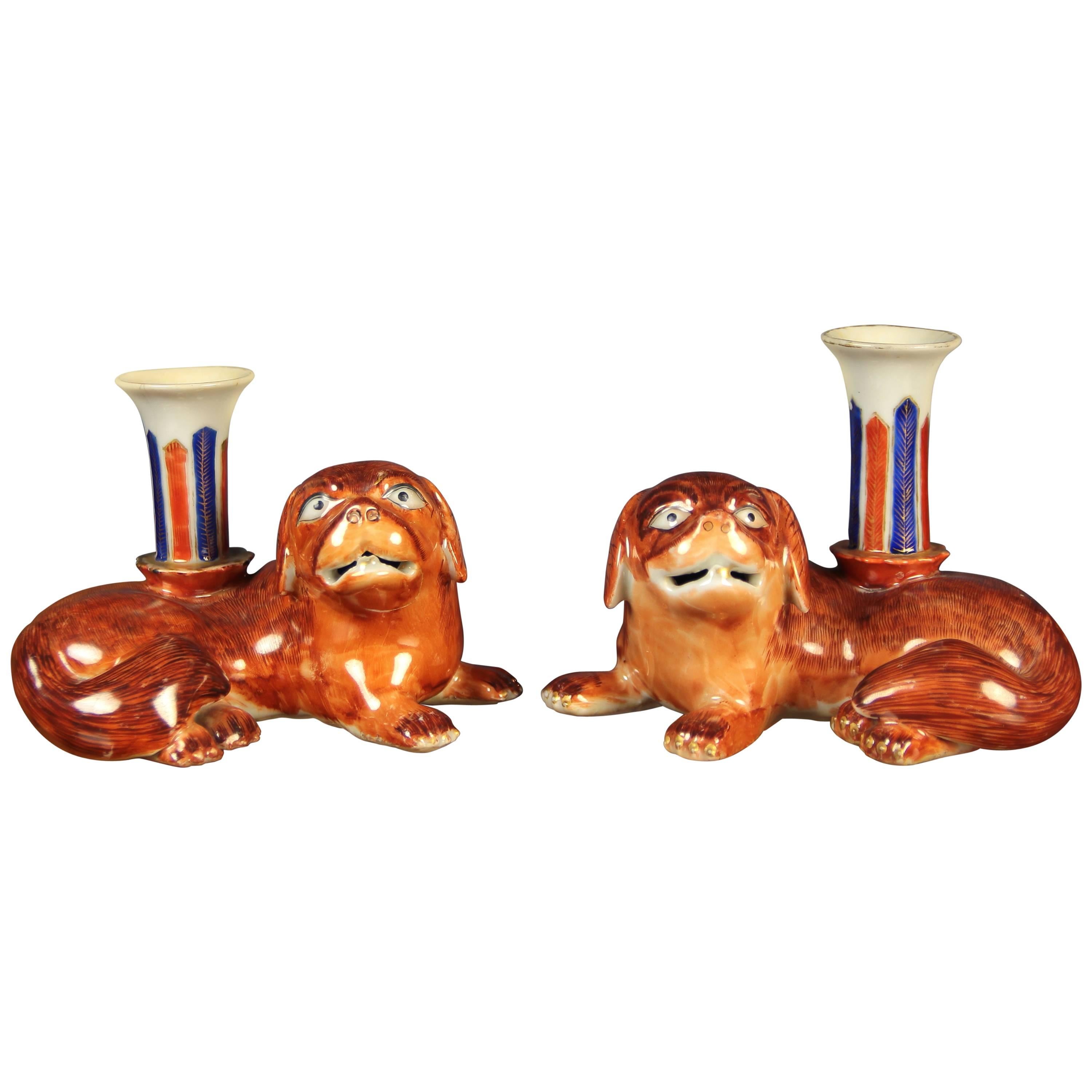 18th Century Pair of Chinese Export Dog Shaped Porcelain Candlesticks For Sale