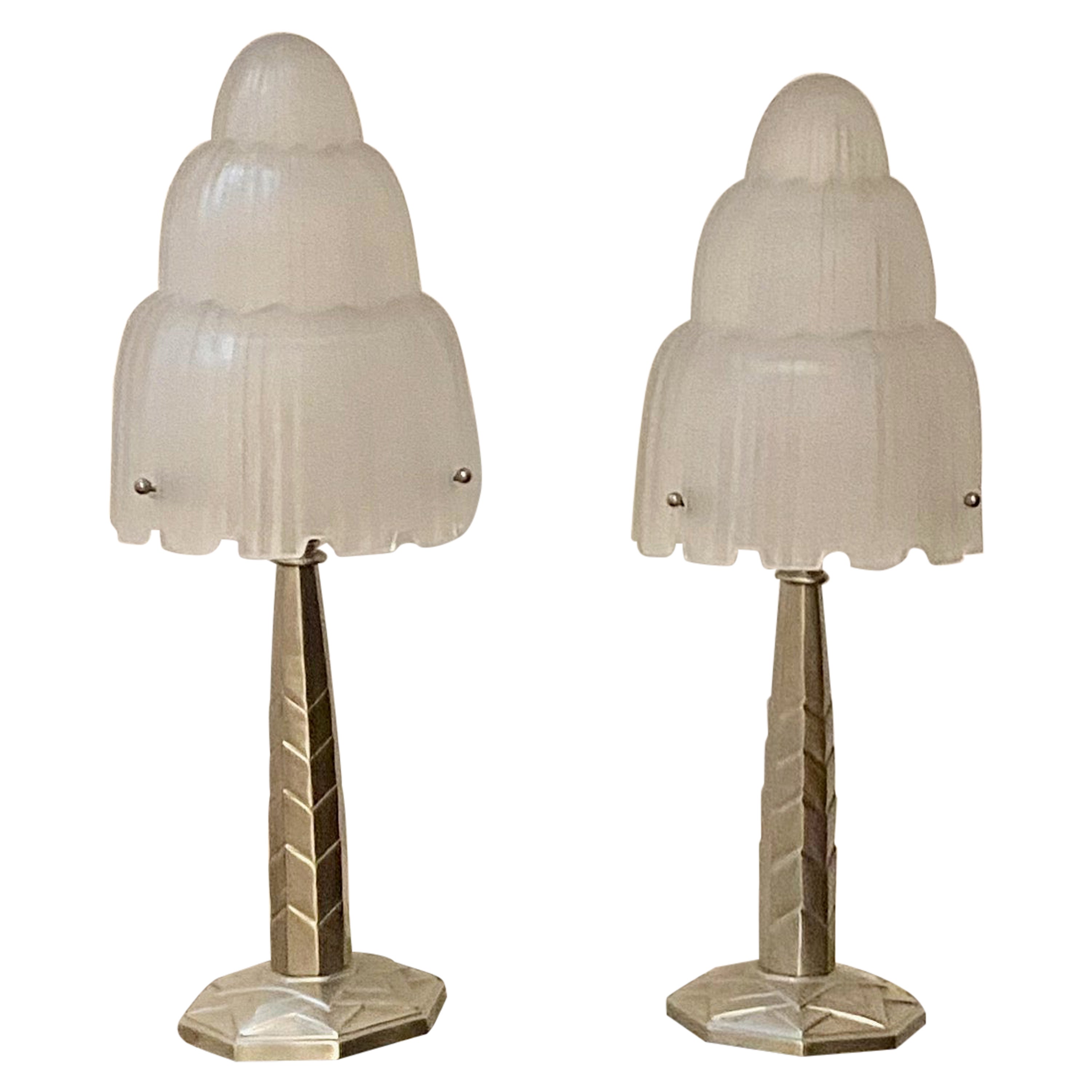 Pair of French Art Deco "Waterfall" Table Lamps Signed by Sabino For Sale