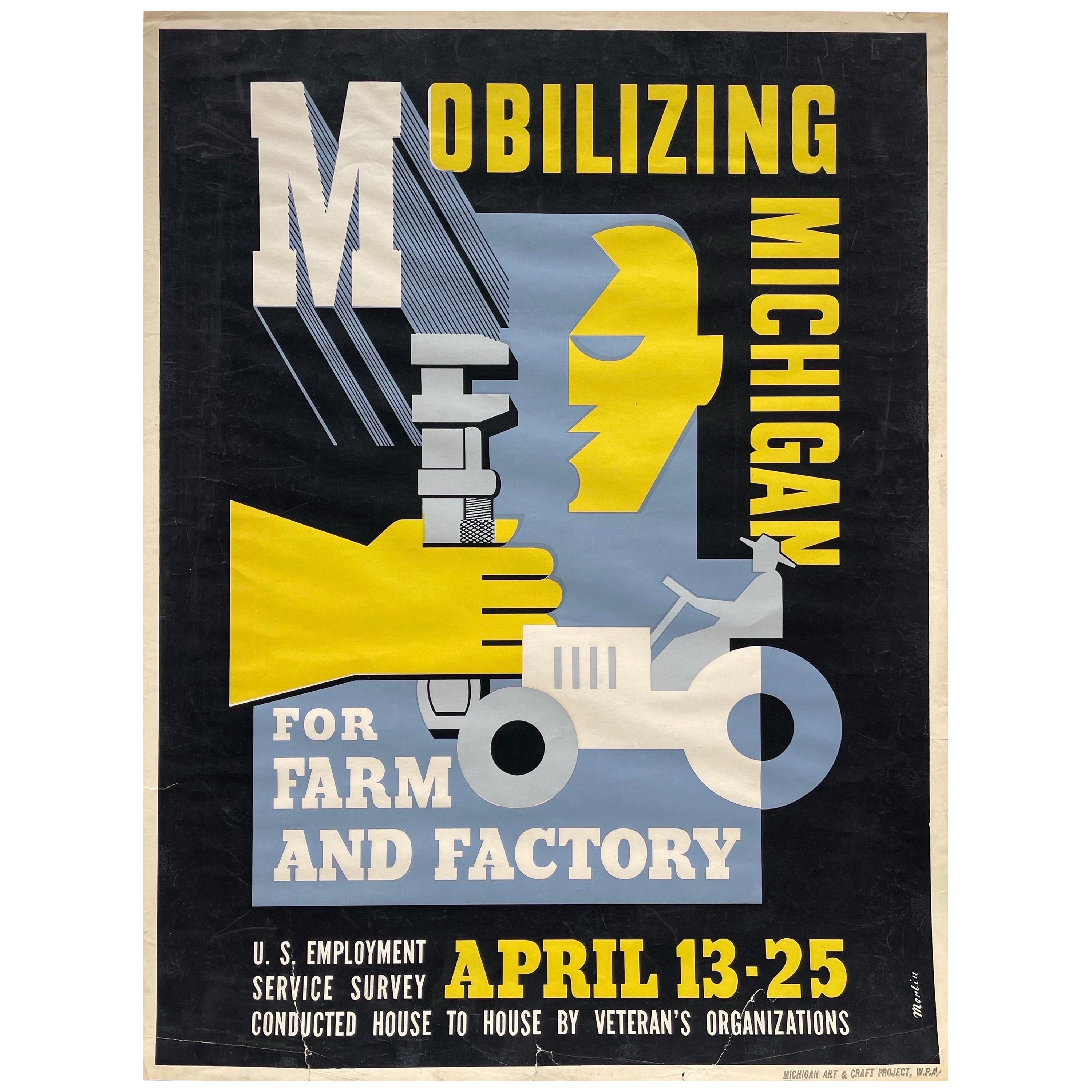 WPA-Poster, Mobilizing Michigan for Farm and Factory, von Maurice Merlin, aus Michigan im Angebot