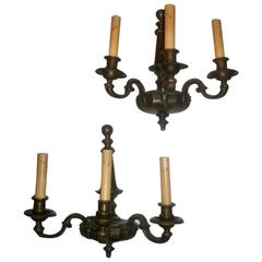 Antique Pair of Patinated Bronze American Sconces