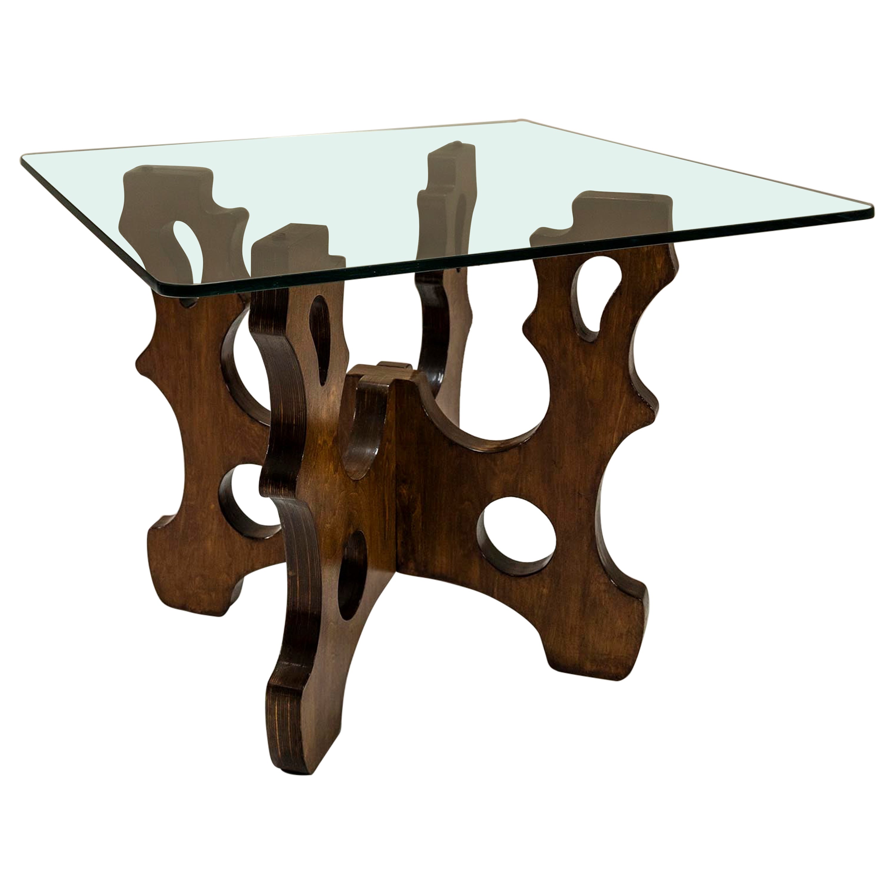 Sculptural Dining Table In Beech And Glass, Italy 1970's For Sale