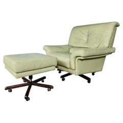 Mid Century Vintage Green Leather Swivel Armchair & Footstool 1980s Italian MCM 