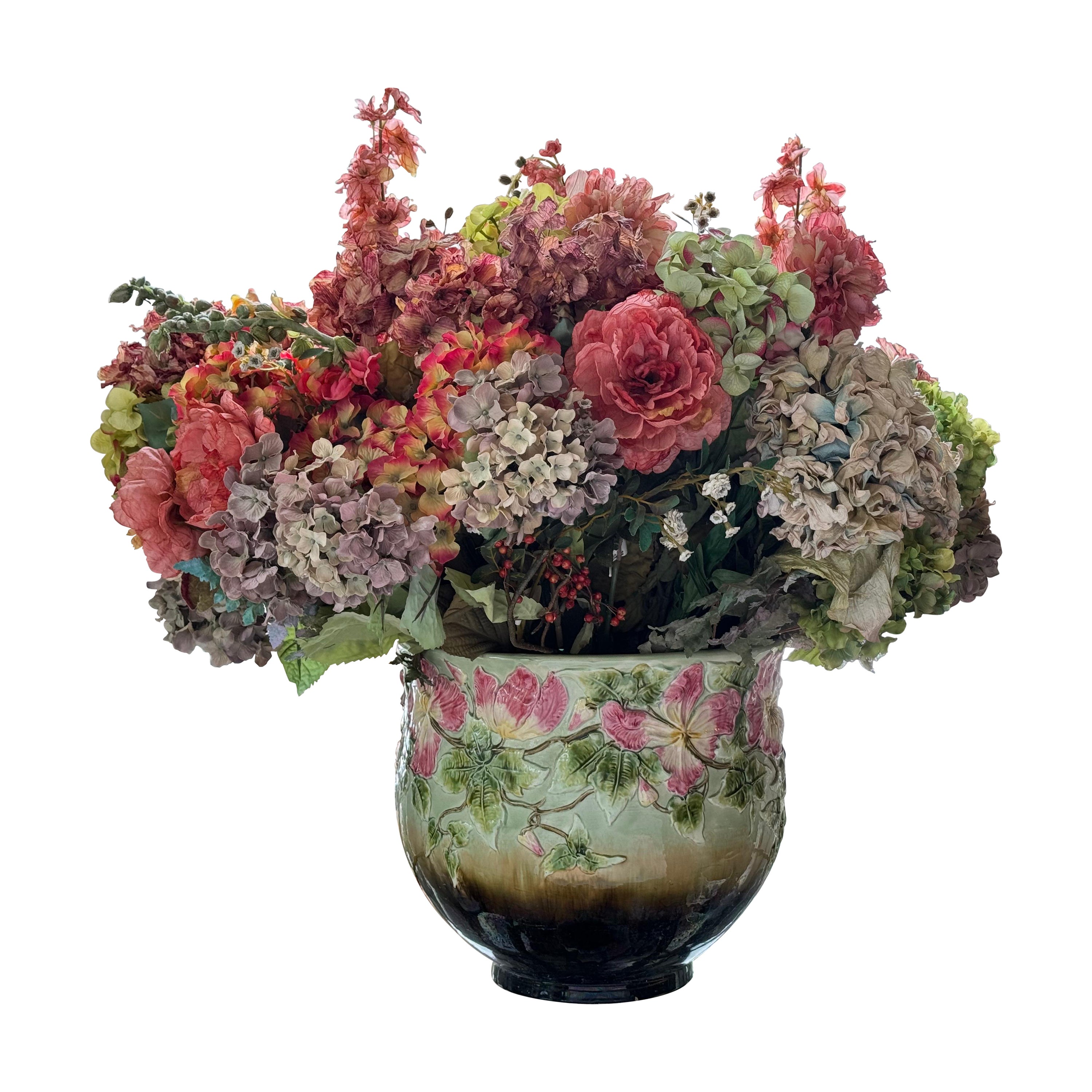 Große englische Keramik-Jardinière mit Seidenblumen im Angebot