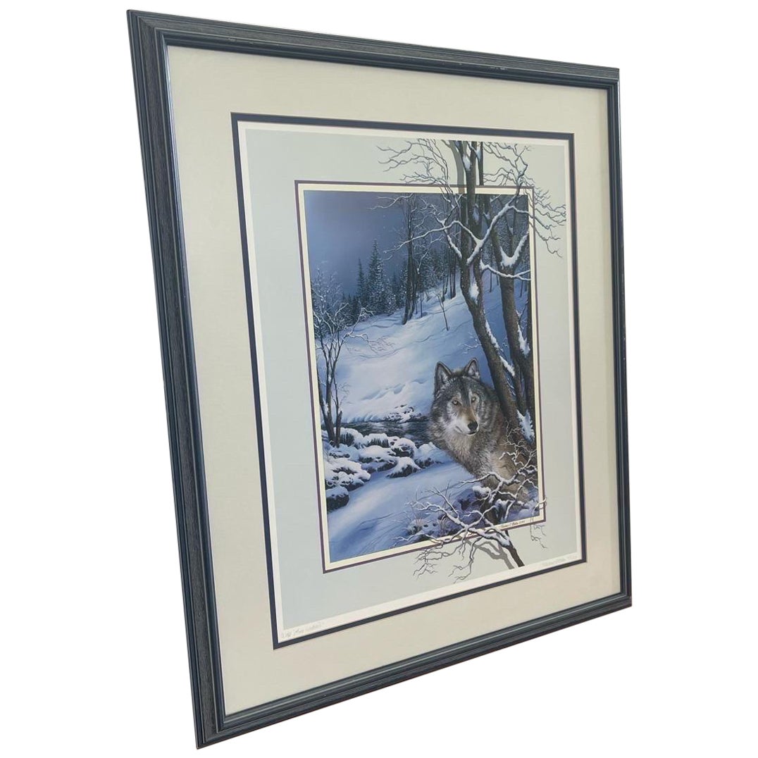 Vintage Original Framed and Signed Art Print Titled “ Wolf Lone Watcher “ For Sale