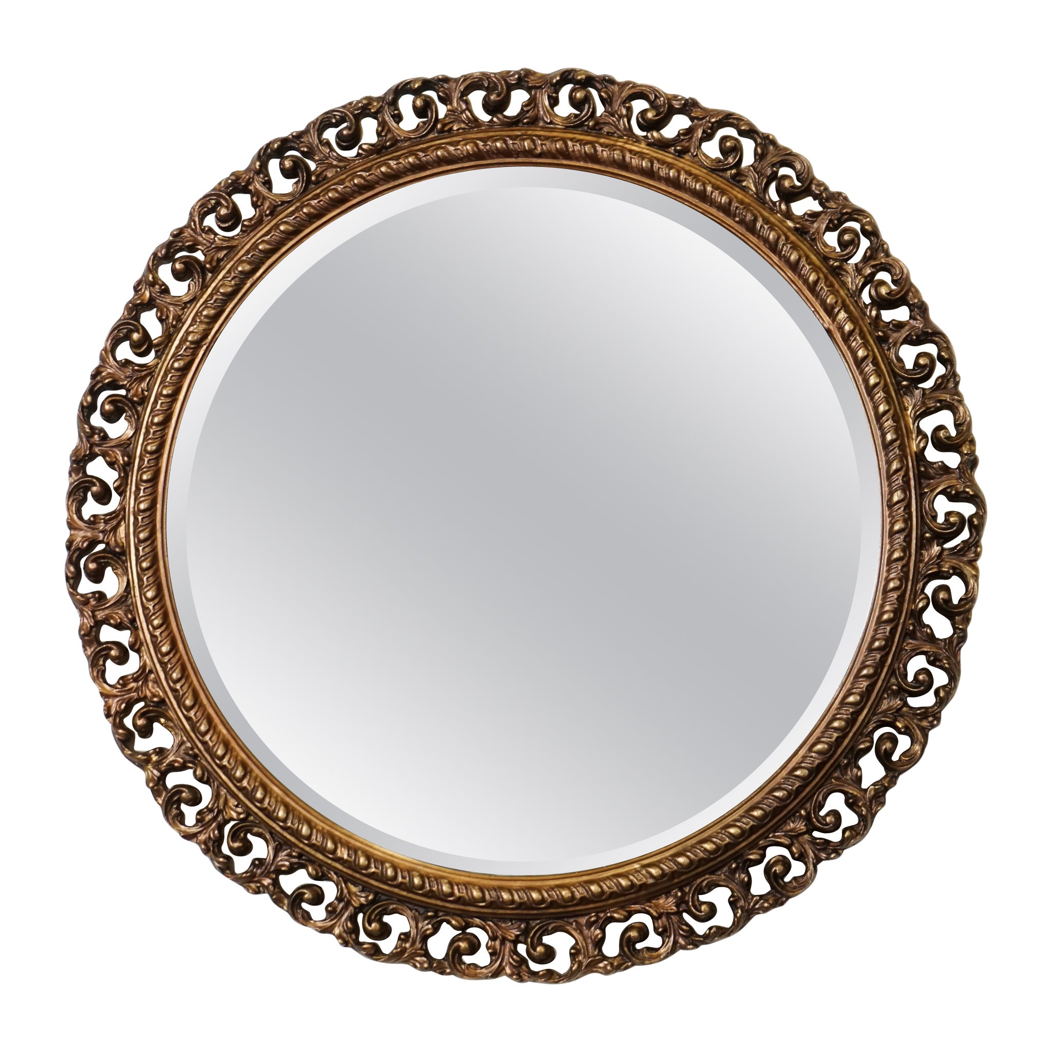 VINTAGE HAND CARVED BRONZE CIRCULAR BEVELLED WALL MIRROR j1 For Sale