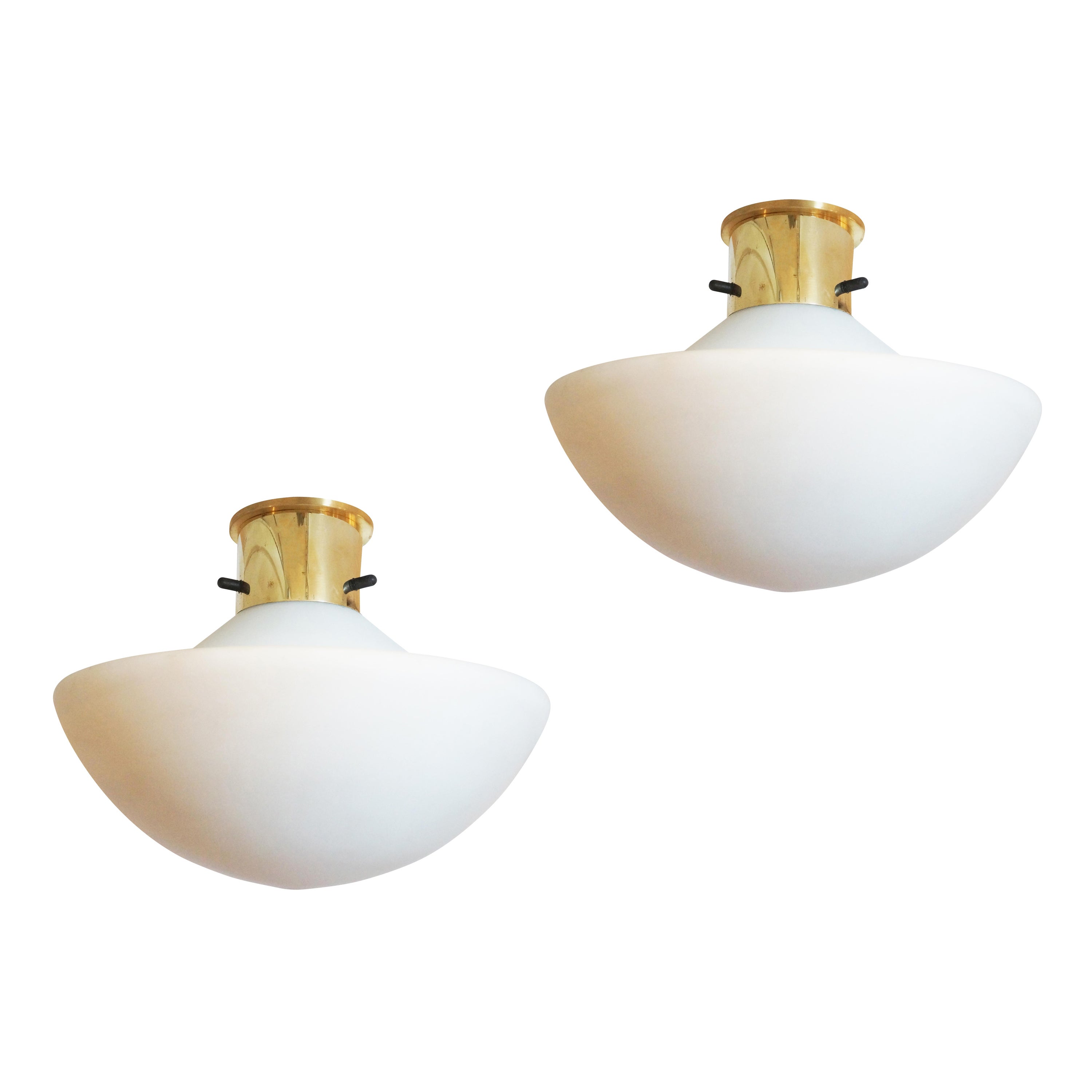 Frosted Glass and Brass Italian Mid-Century Flush Mounts