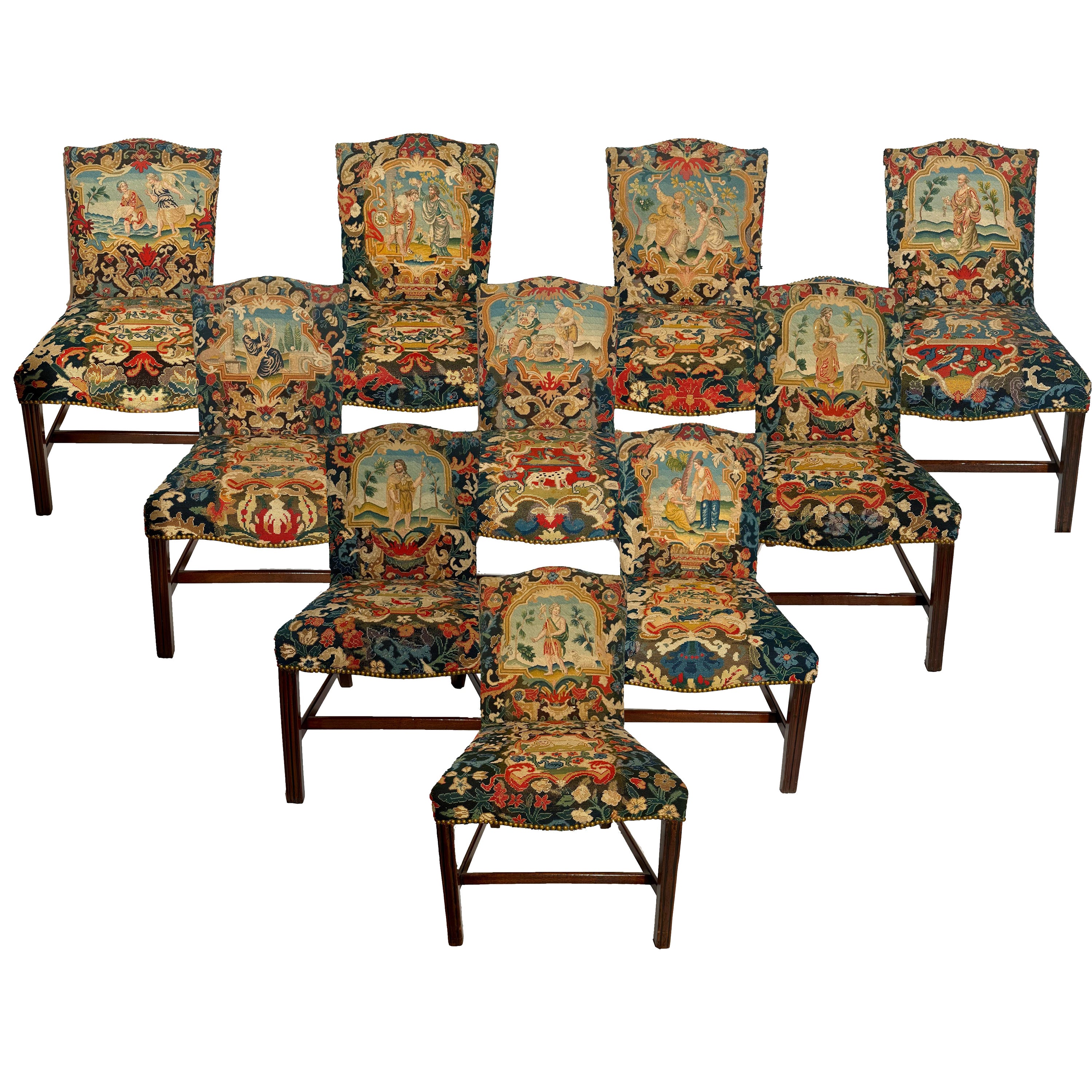 Set of 10 Antique English Georgian Mahogany and Needlepoint Chairs, Circa 1820's For Sale