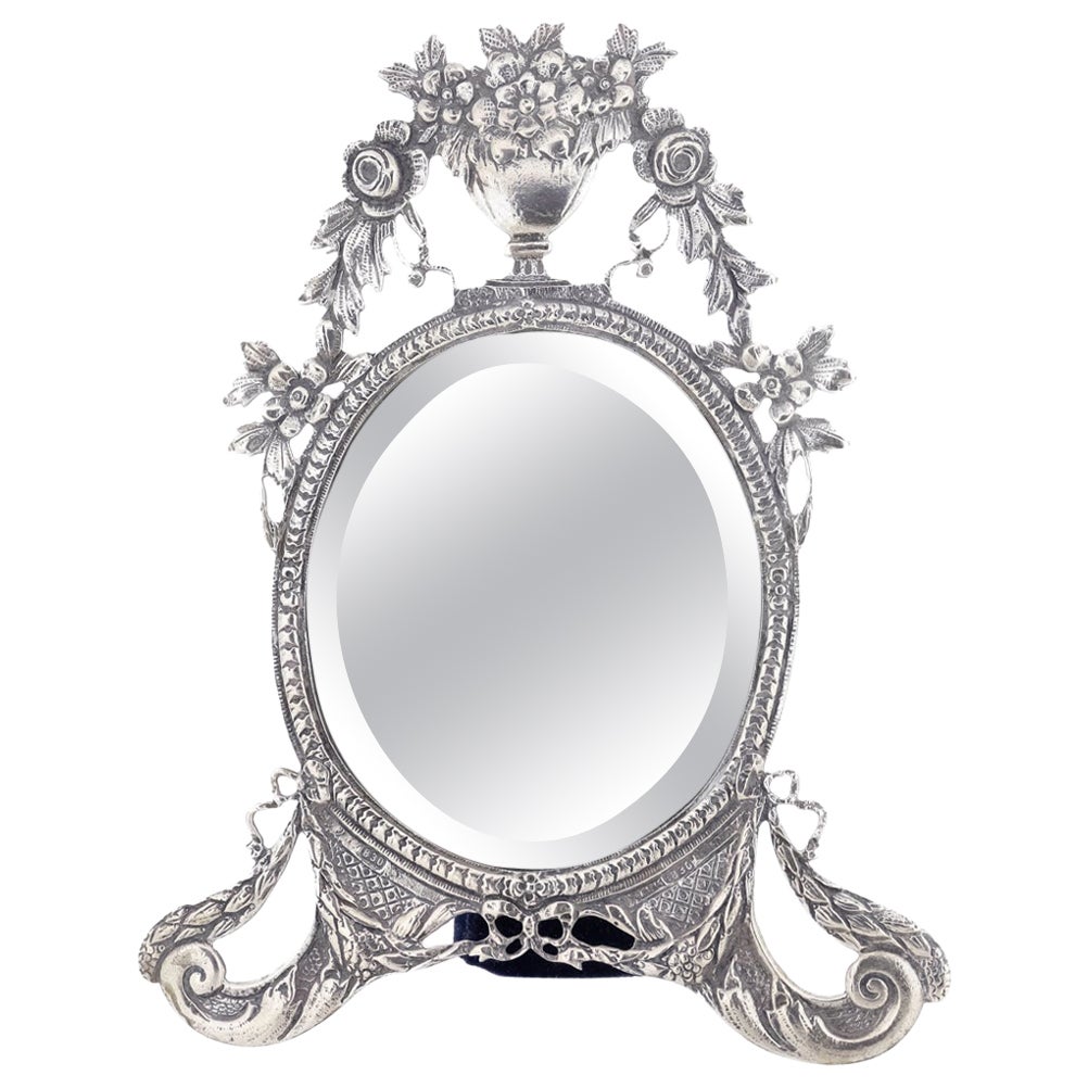 Ornate .830 Silver Easel Back Dresser or Vanity Mirror For Sale
