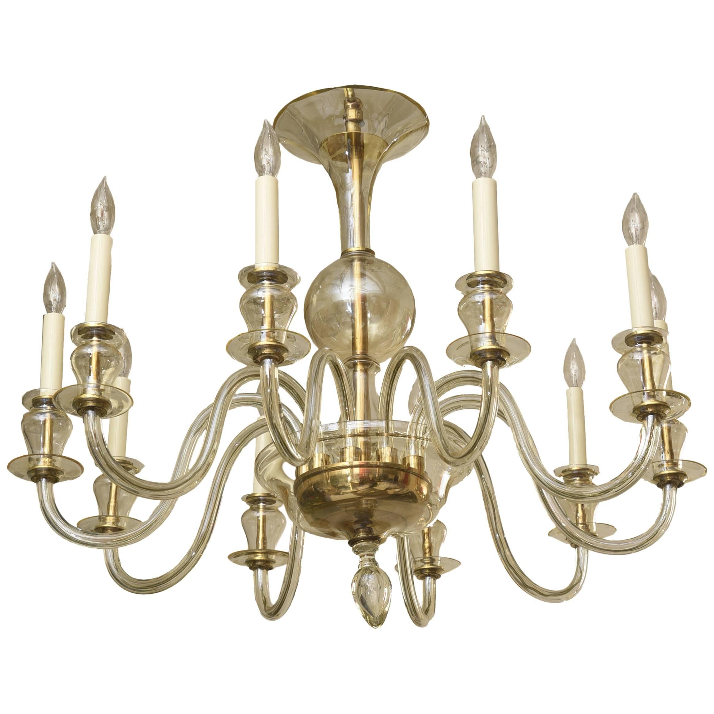 Ten-Arm Italian Murano Vintage Glass Clear and Gold Aventurine Chandelier/ SALE