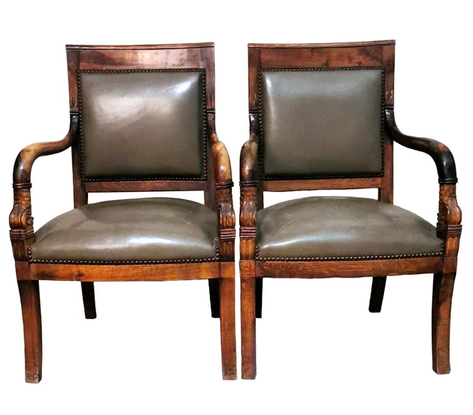 Charles X Style Pair Of French "Antique Master" Chairs In Wood And “Cuoio” For Sale