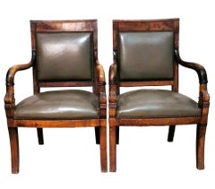 Charles X Style Pair Of French "Retro Master" Chairs In Wood And “Cuoio”