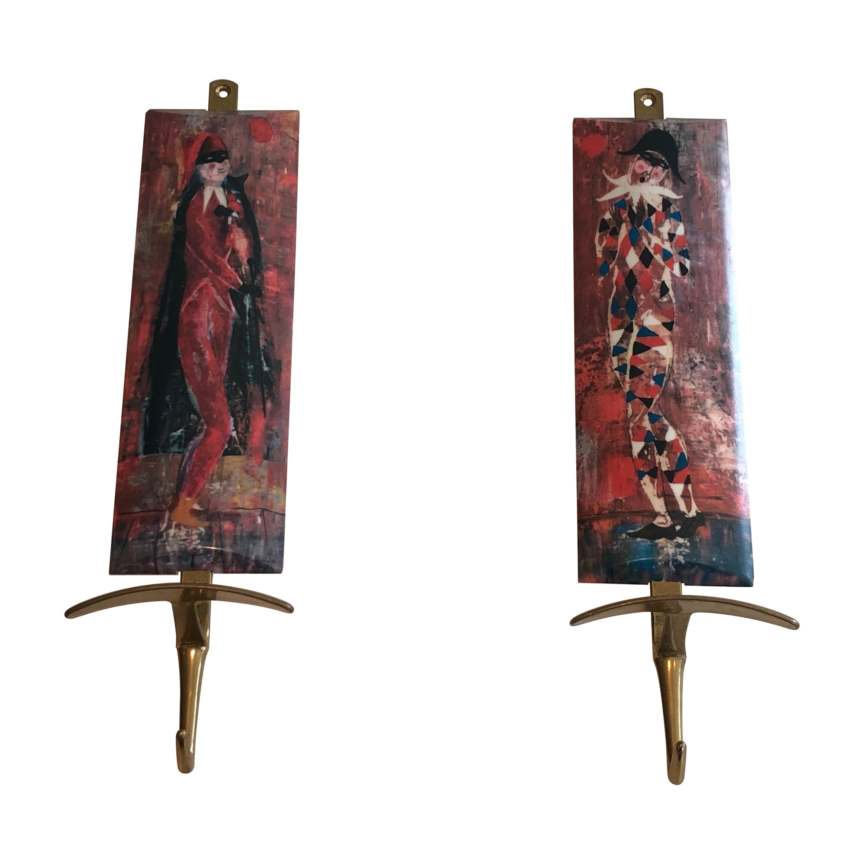 Pair of Coat Hooks Representative Characters from Comedia Del Arte in the Taste  For Sale