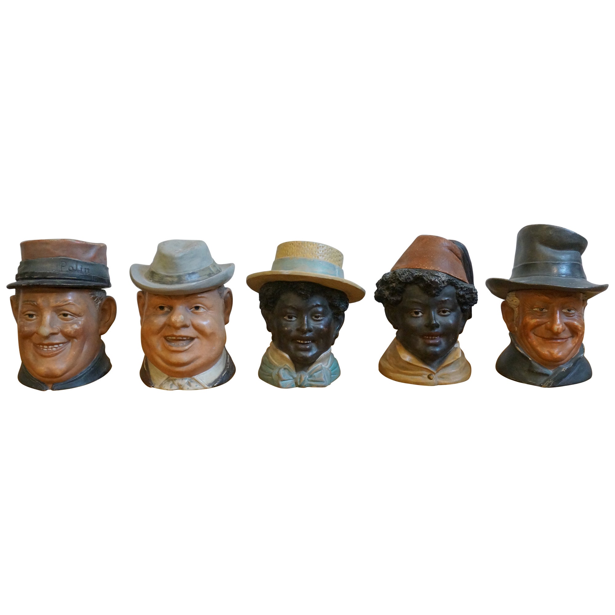 Seltene Sammlung 5 antike Keramik-Tabakdosen Humidors Figural, Bernard Bloch, Bernard Bloch im Angebot