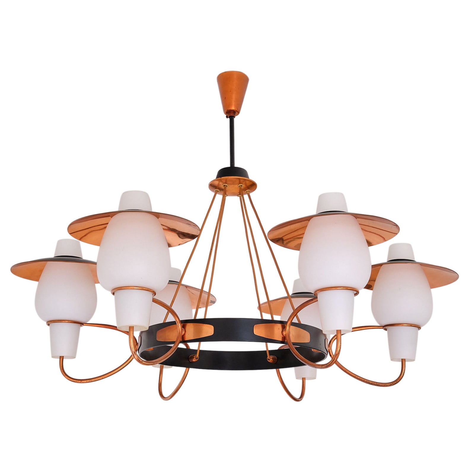 Danish Modern Six Arm Chandelier in Copper and Opaline Glass, 1960s For Sale