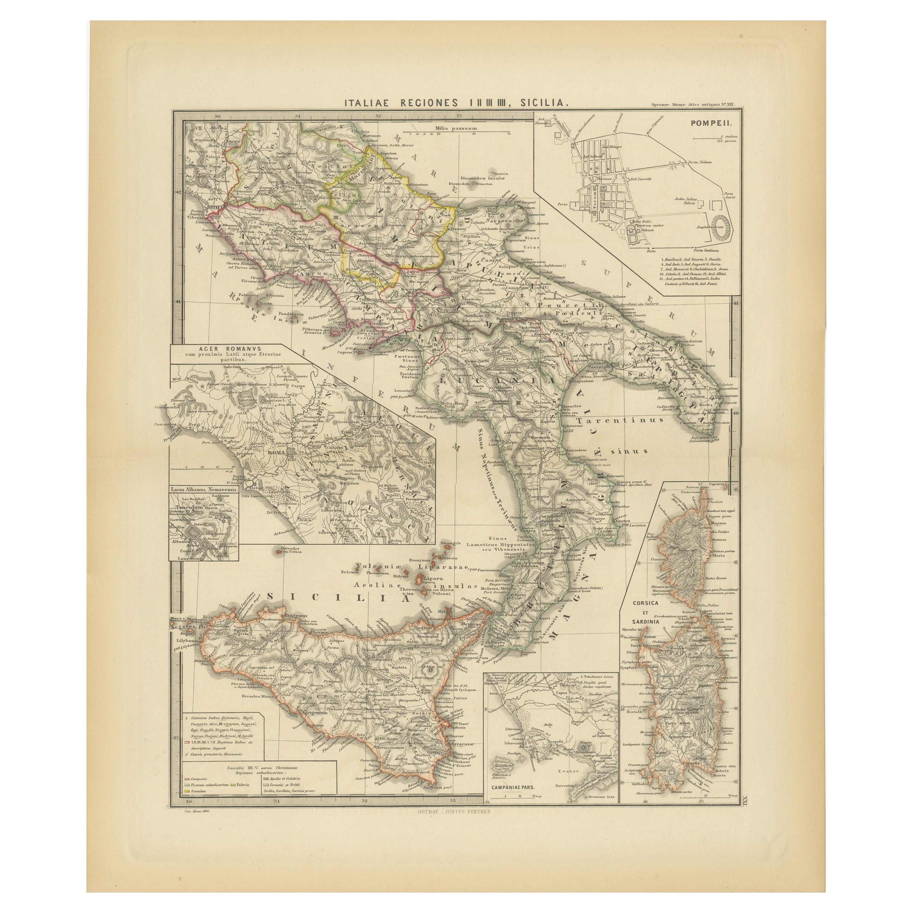 Carte ancienne des régions d'Italie et de Sicile pendant l'Empire romain, 1880