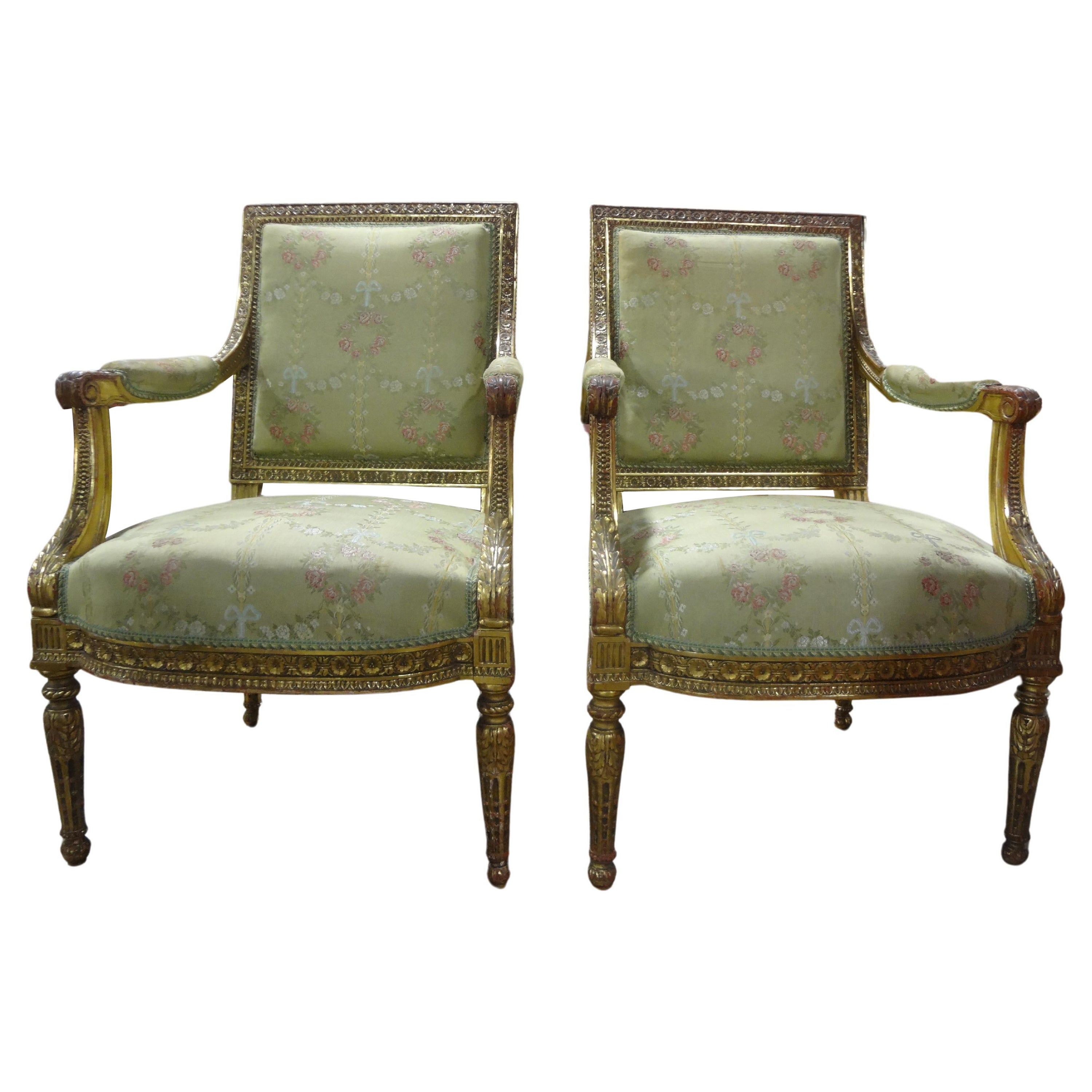 Pair Of 19th Century Italian Louis XVI Style Giltwood Chairs For Sale