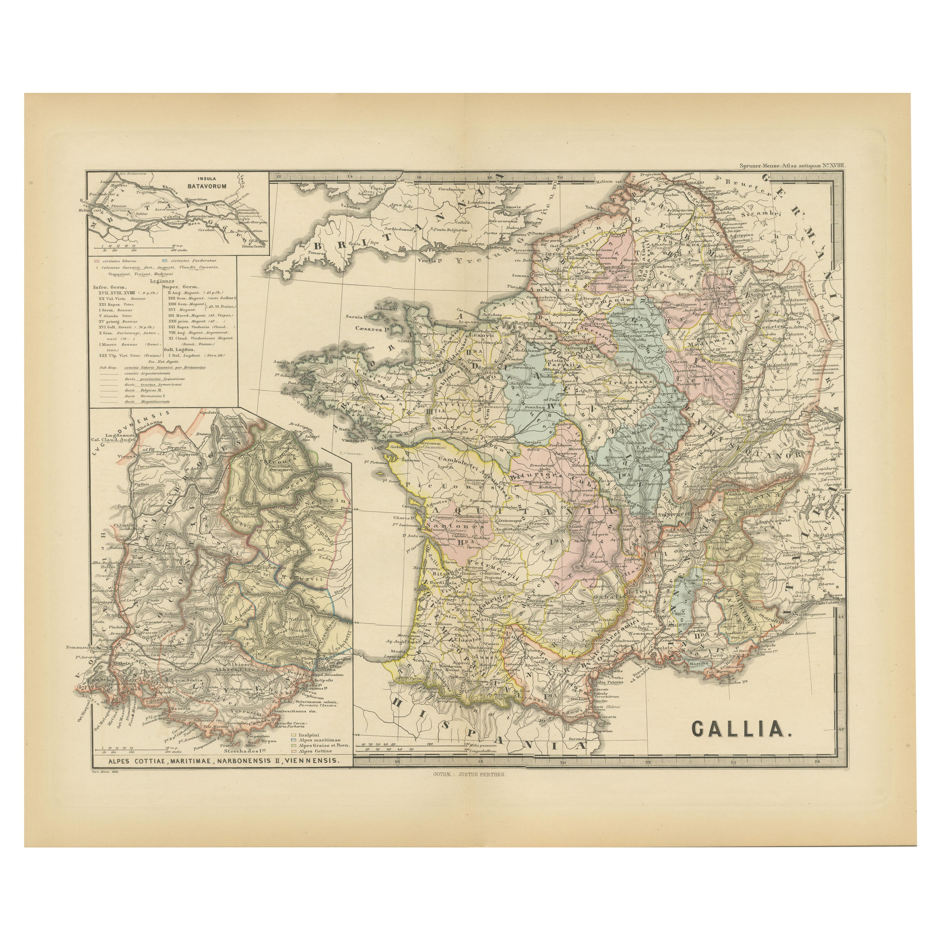 Ancient Gaul: A Cartographic Overview of Gallic Tribes and Roman Provinces, 1880 For Sale