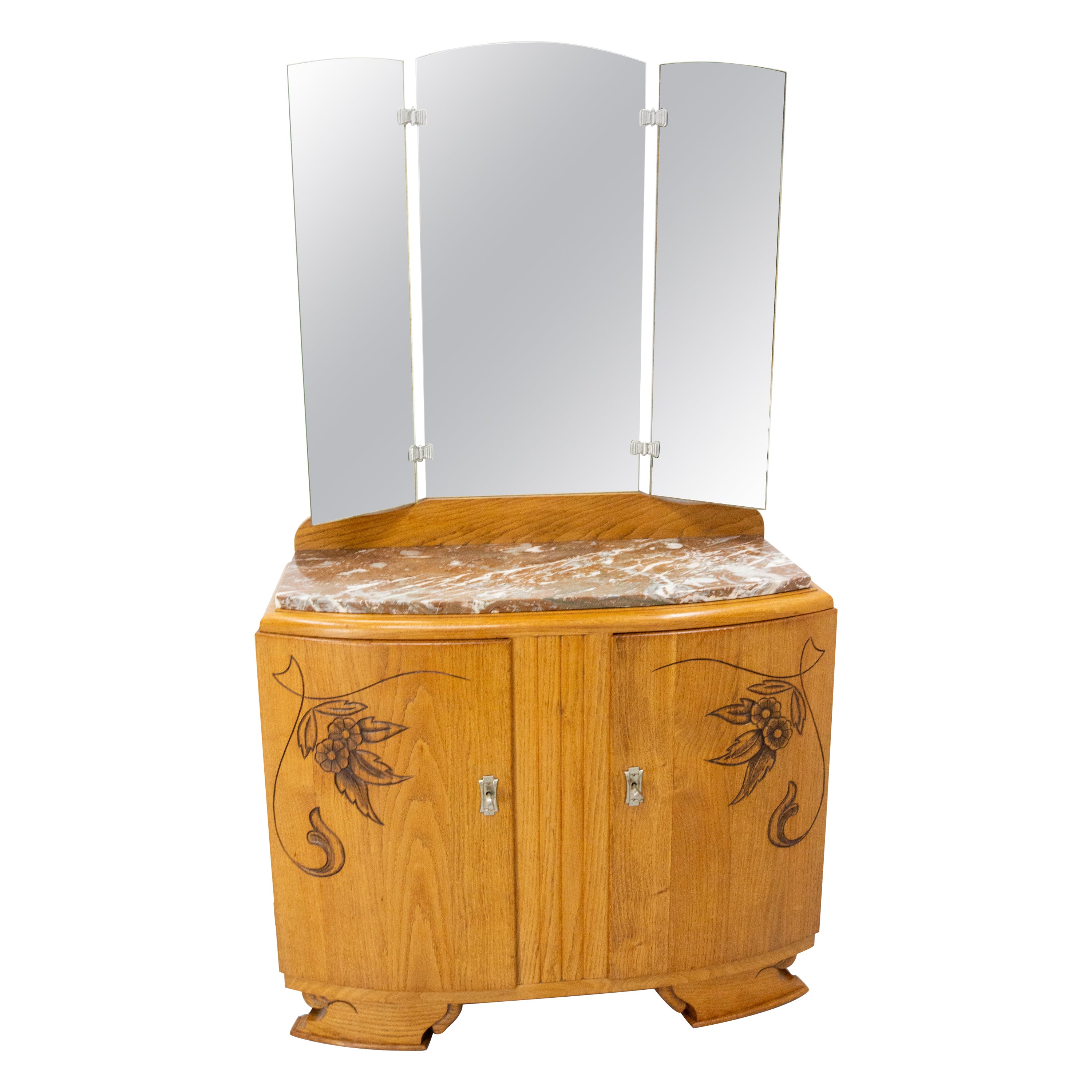 French Midcentury Oak Marble Dressing Table Vanity Unit with Three Panel Mirror For Sale
