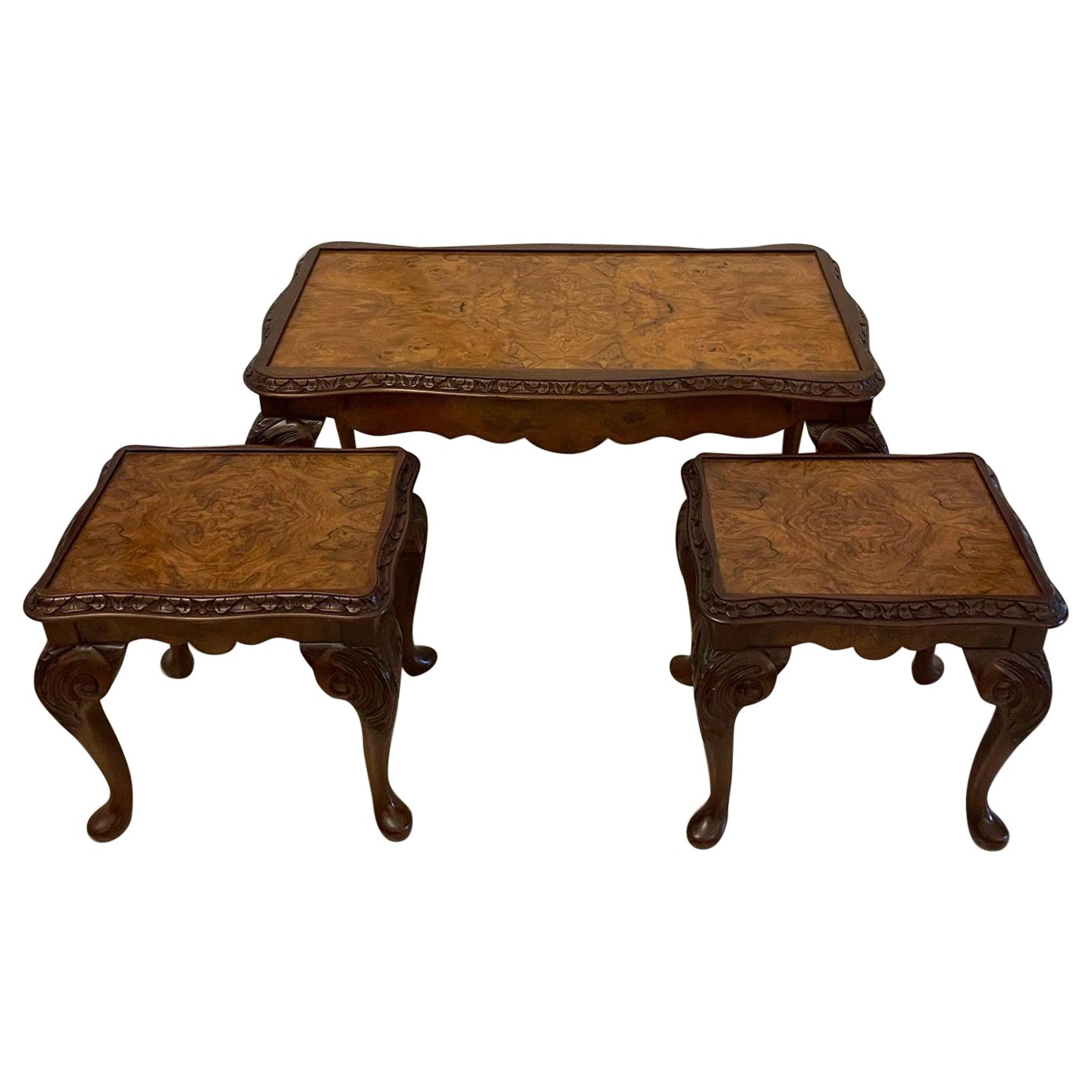 Unusual Antique Nest of 3 Quality Burr Walnut Tables For Sale
