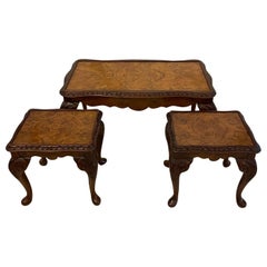 Unusual Antique Nest of 3 Quality Burr Walnut Tables