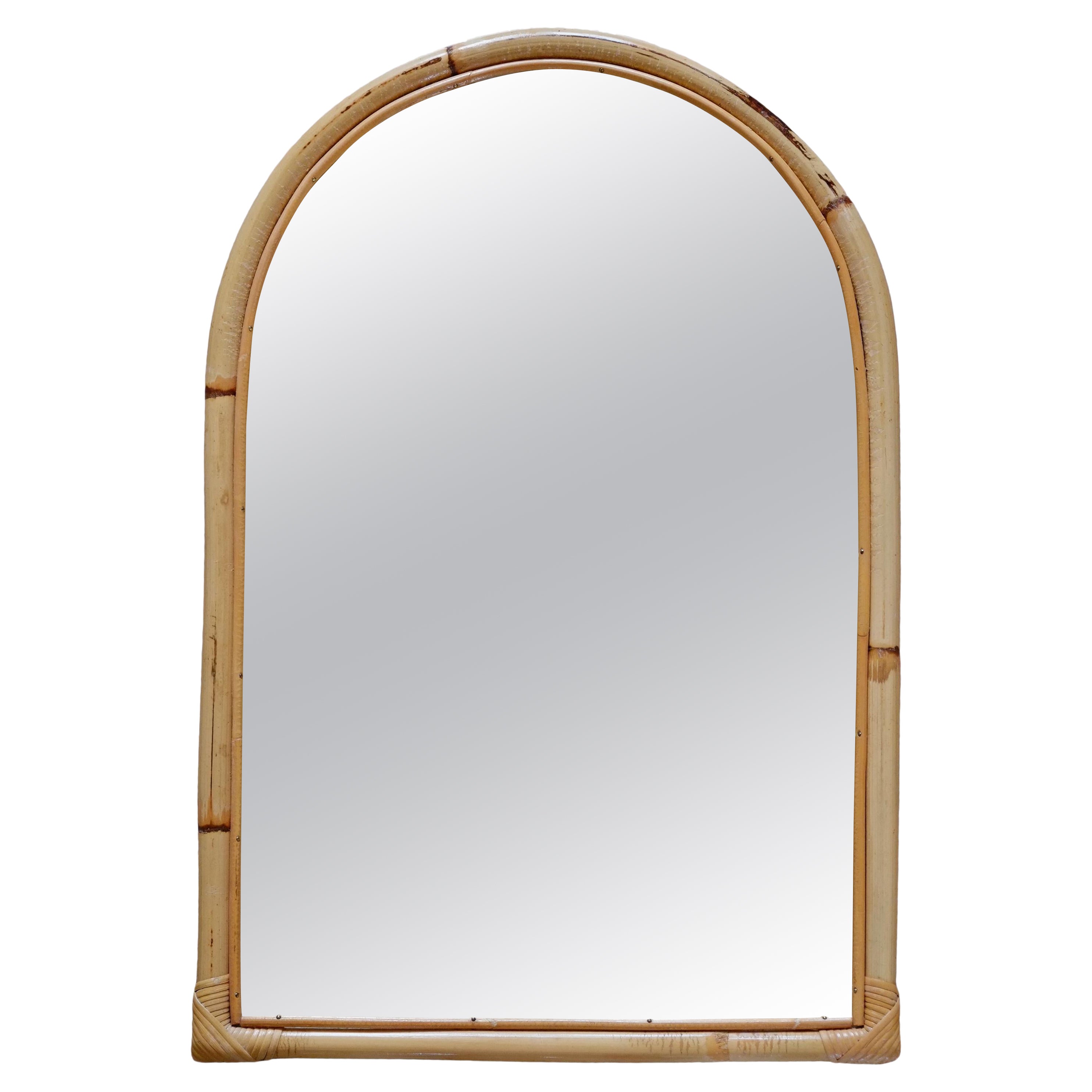 Beautiful Large Arch Top Bamboo Midcentury French Riviera Mirror For Sale