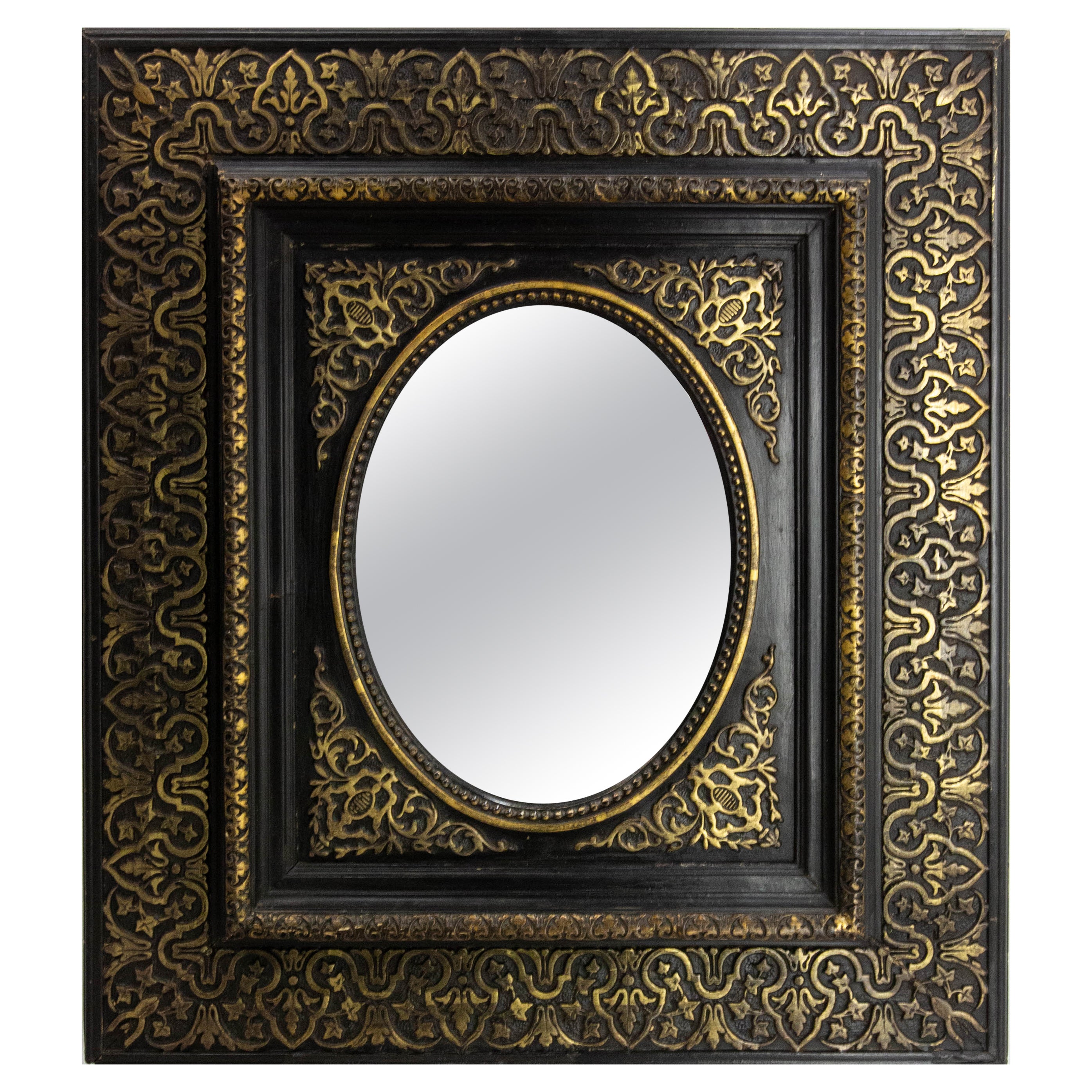 French Stucco & Wood Napoleon III Wall Mirror Golden & Black Oriental St, c 1880 For Sale