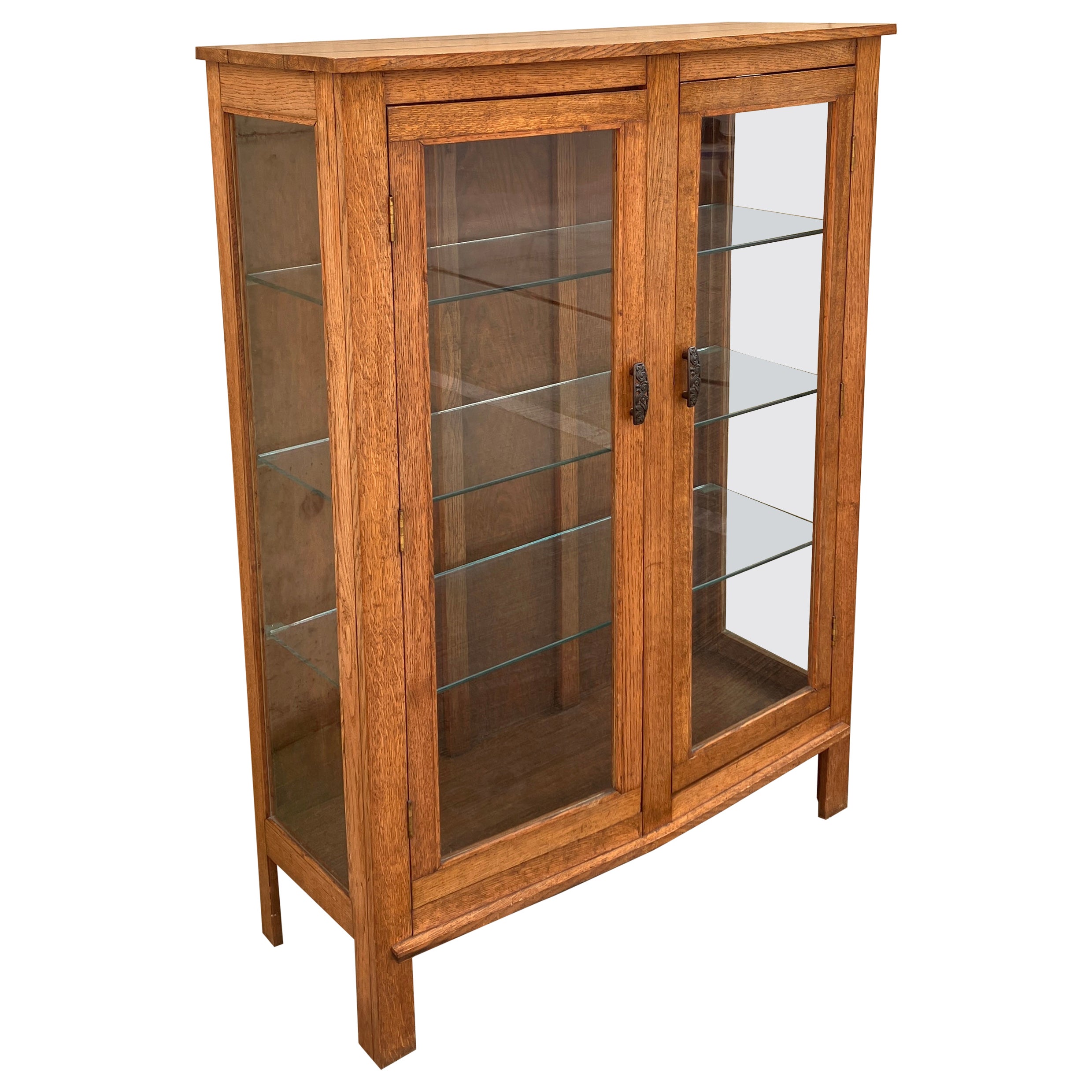 Art Deco Oak Glazed Display Cabinet with Glass Shelves  For Sale