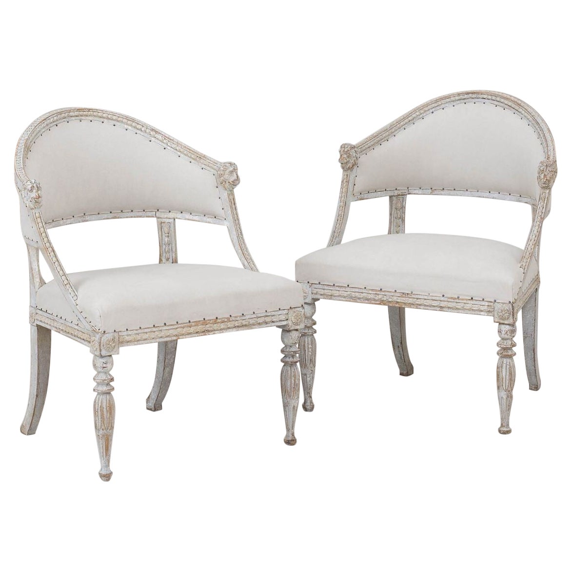 19th c. Pair of Swedish Gustavian Painted Barrel Back Armchairs with Lion Heads For Sale
