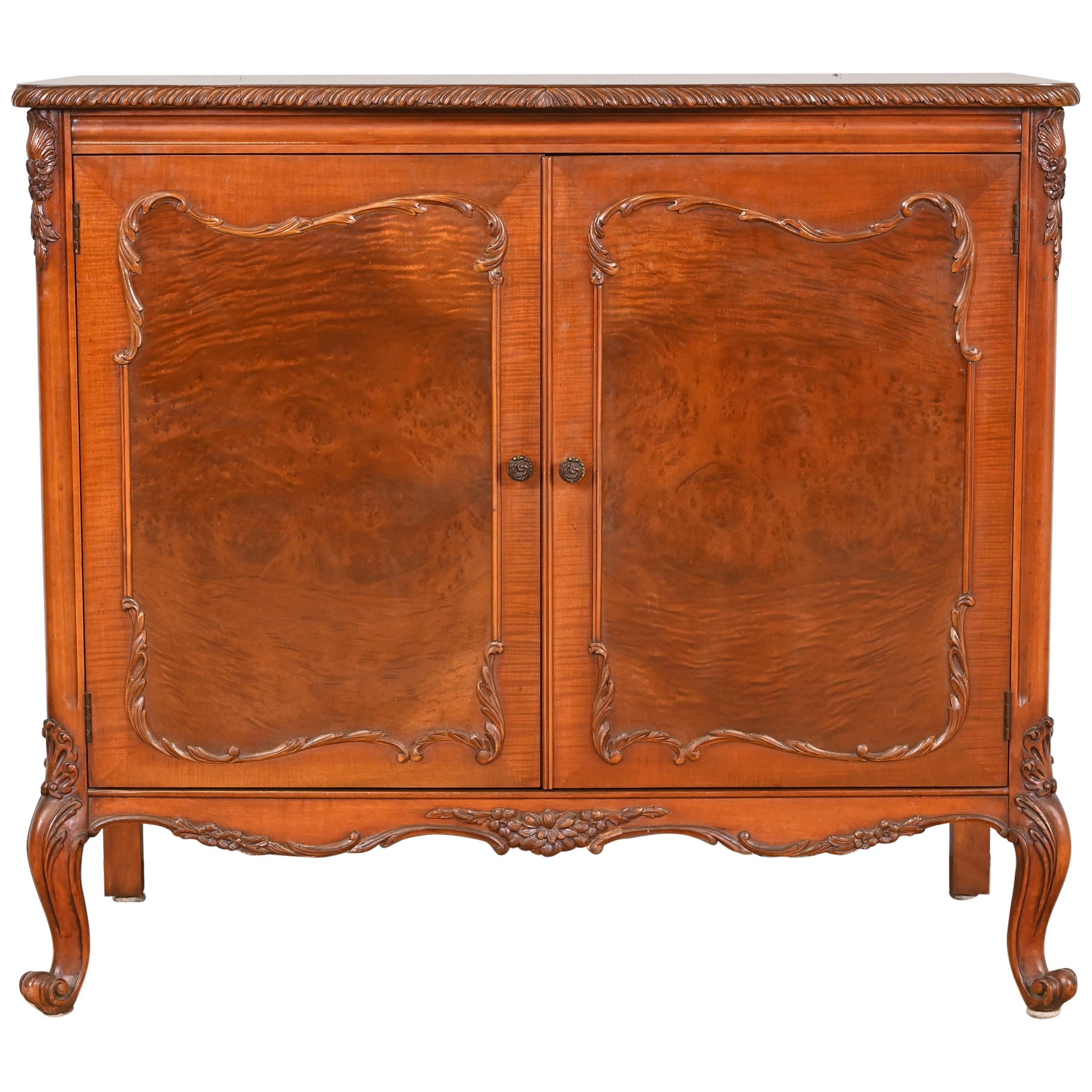 Romweber French Provincial Louis XV Burl Wood Bar Cabinet, Circa 1920s For Sale