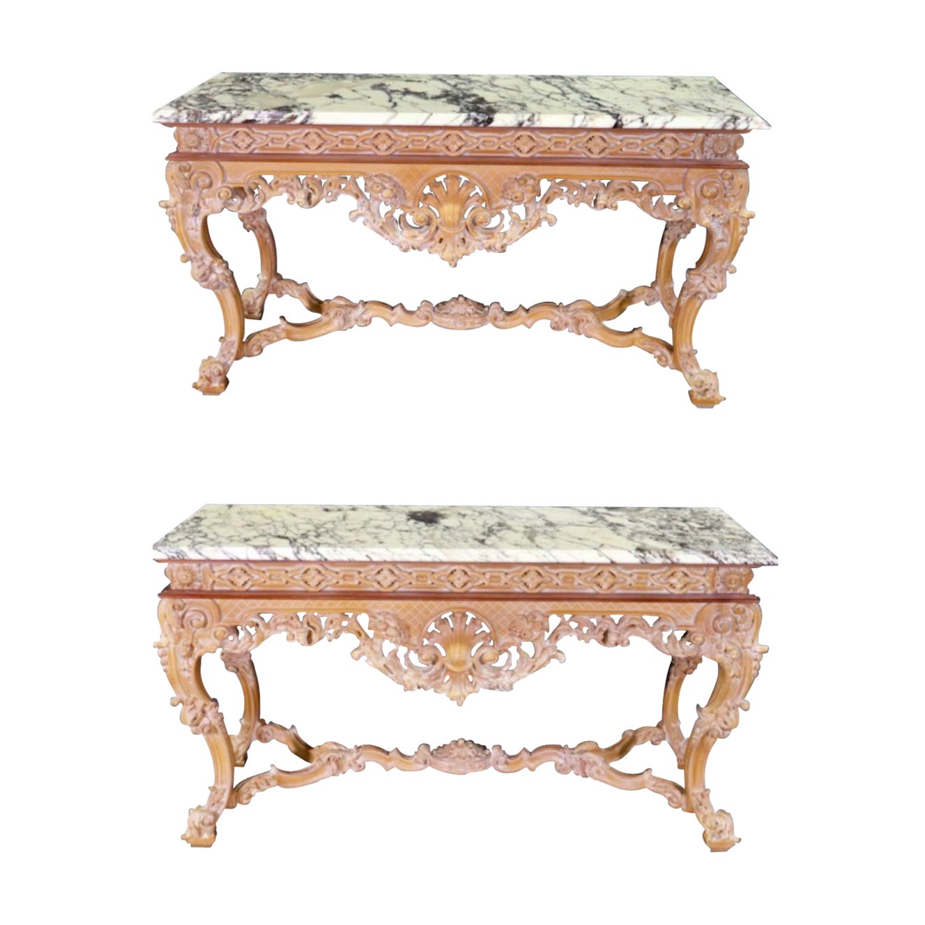 Rare Pair of French Carved Limed Beechwood Marble Top Louis XV Console Tables For Sale