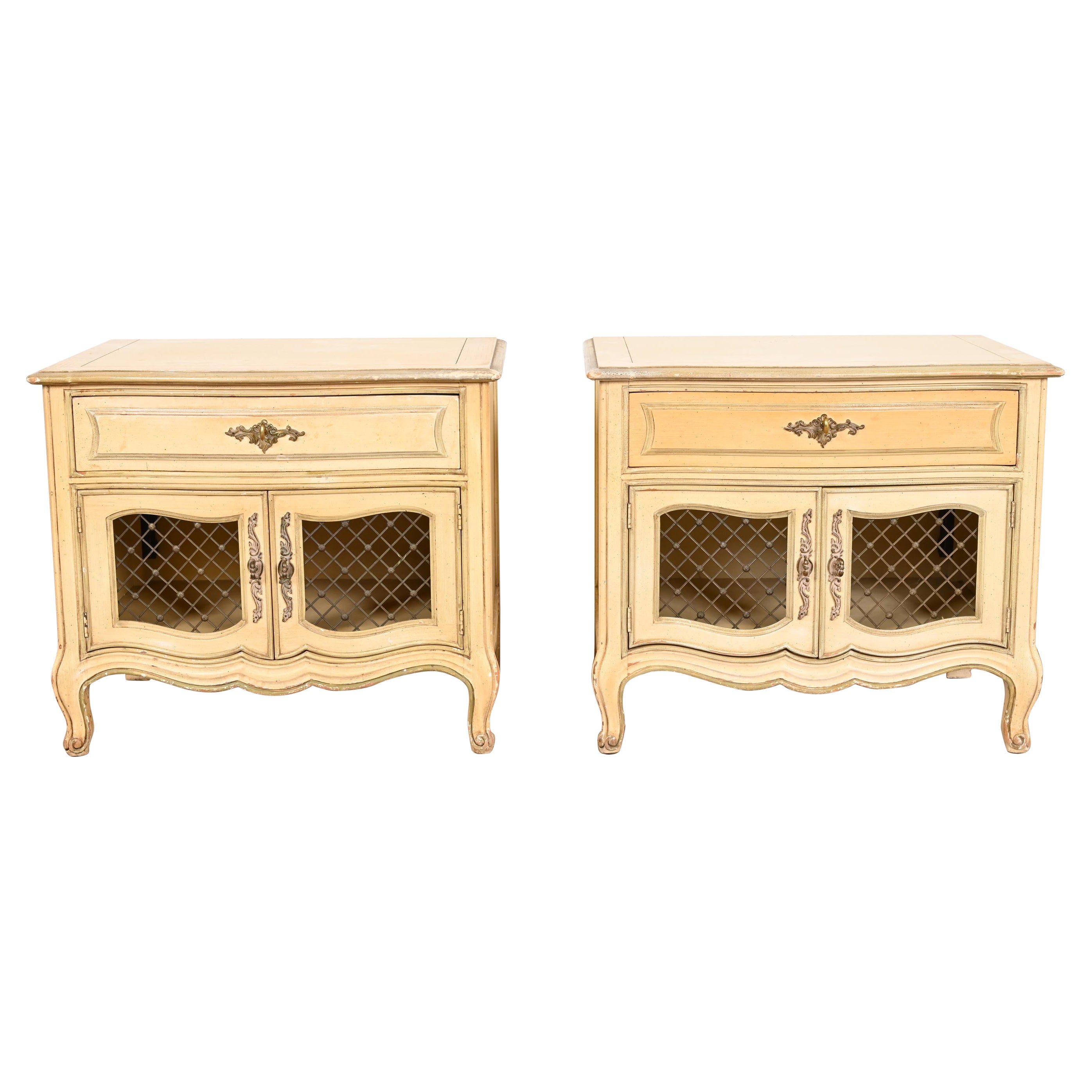 Henredon French Provincial Louis XV Cream Lacquered Nightstands, Pair