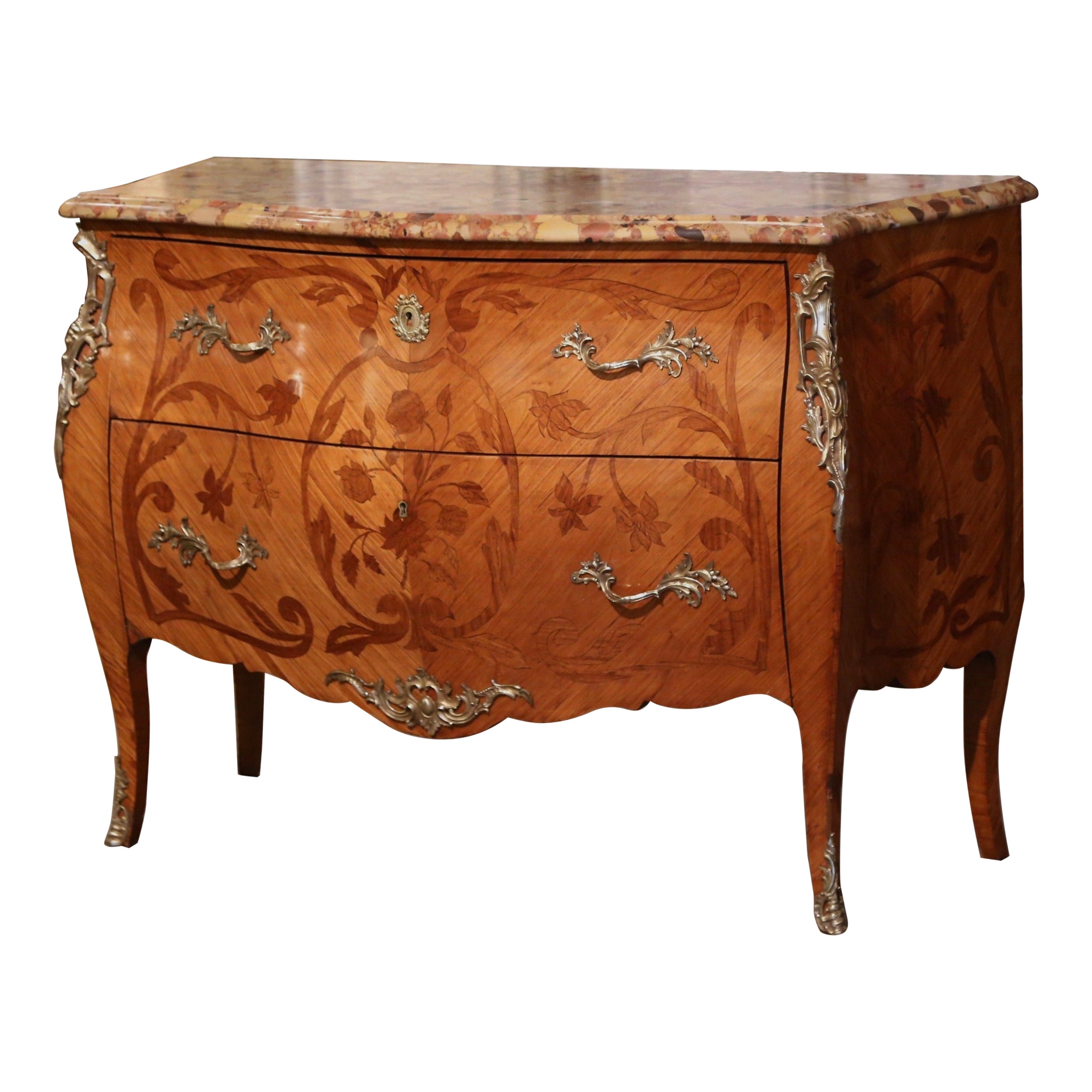 Late 19th Century Louis XV Marble Top Marquetry & Ormolu Bombe Chest of Drawers For Sale