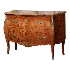 Antique Late 19th Century Louis XV Marble Top Marquetry & Ormolu Bombe Chest of Drawers