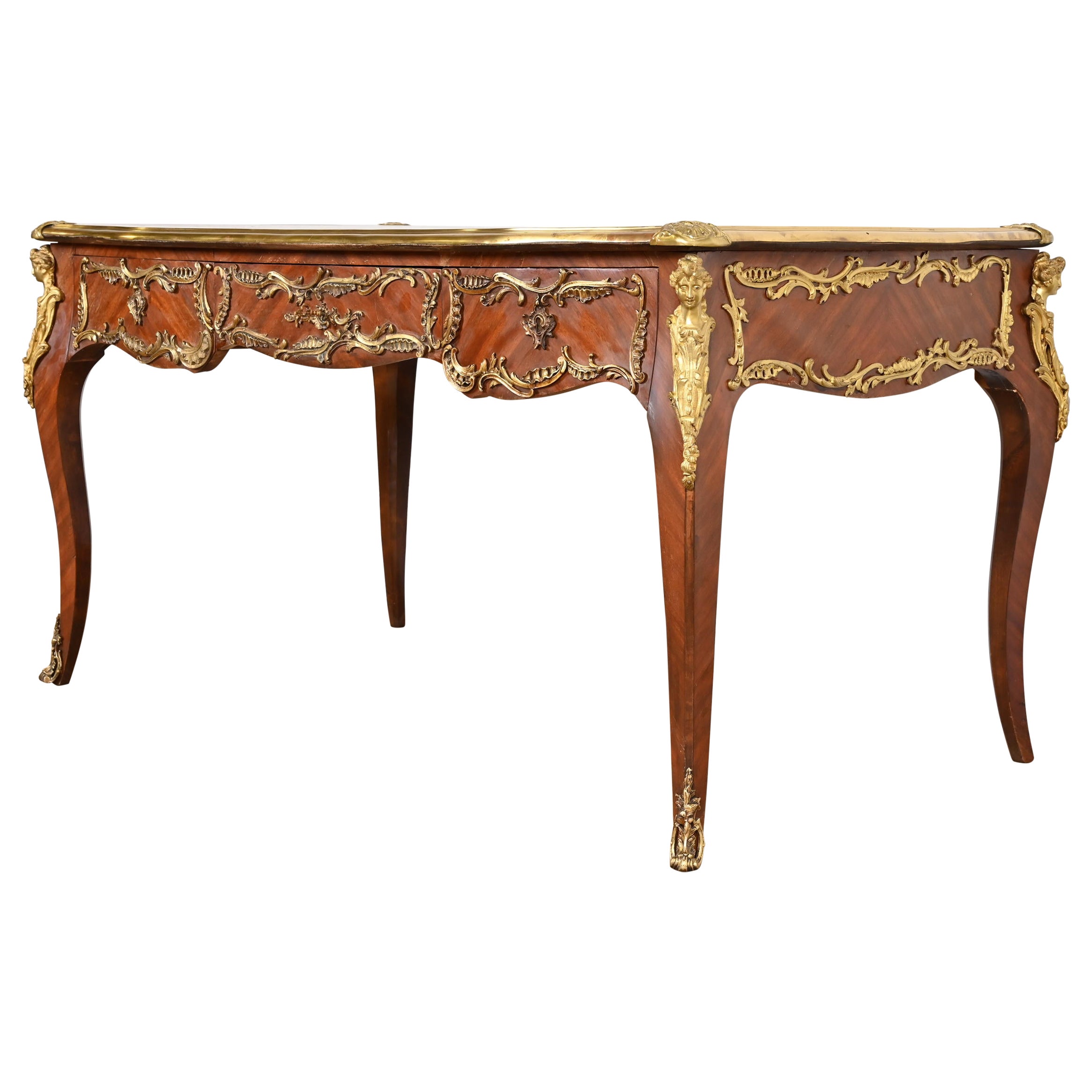 French Louis XV Kingwood Leather Top Bureau Plat Desk With Gilt Bronze Ormolu For Sale