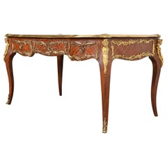 Vintage French Louis XV Kingwood Leather Top Bureau Plat Desk With Gilt Bronze Ormolu