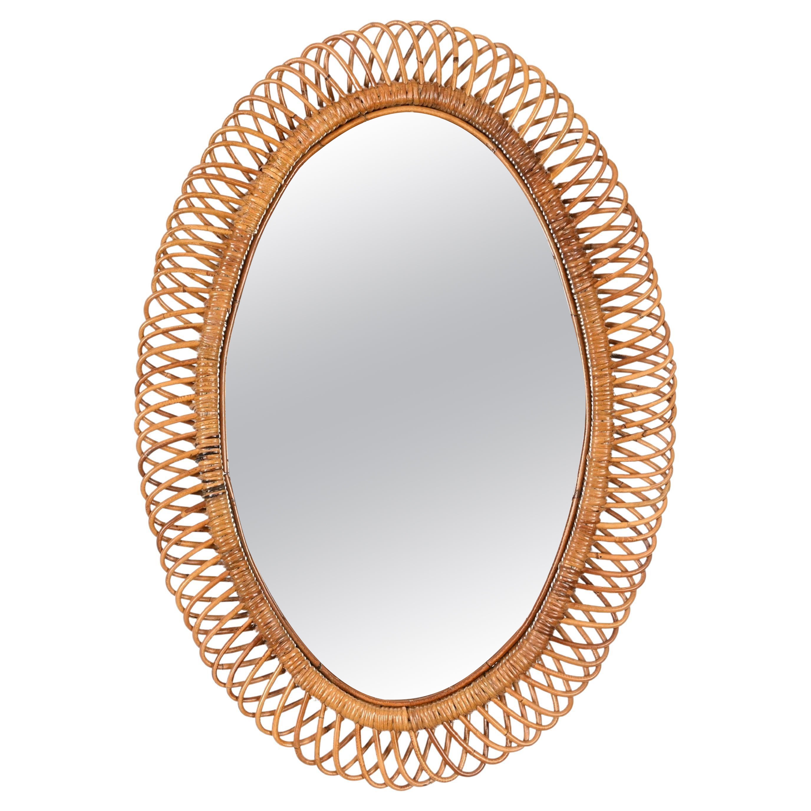 Franco Albini French Riviera Large Oval Mirror in Rattan and Wicker, Italy 1960s For Sale