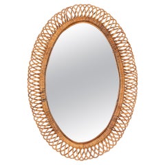 Antique Franco Albini French Riviera Large Oval Mirror in Rattan and Wicker, Italy 1960s